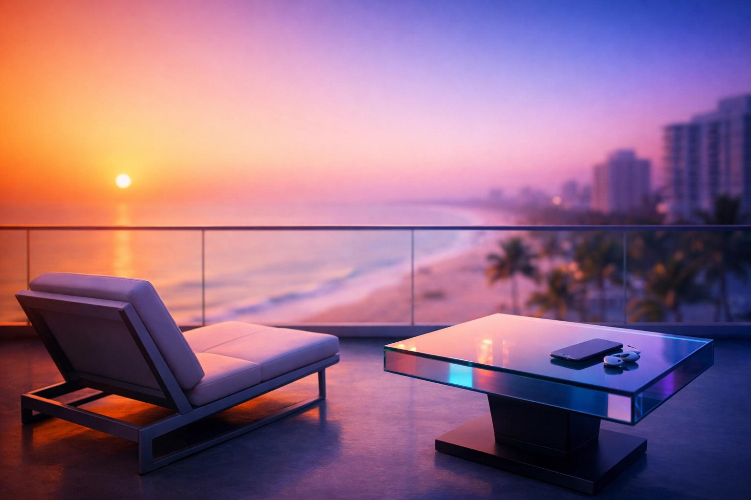 Serene sunrise balcony in Florida symbolizing founder work-life balance and weekend freedom.