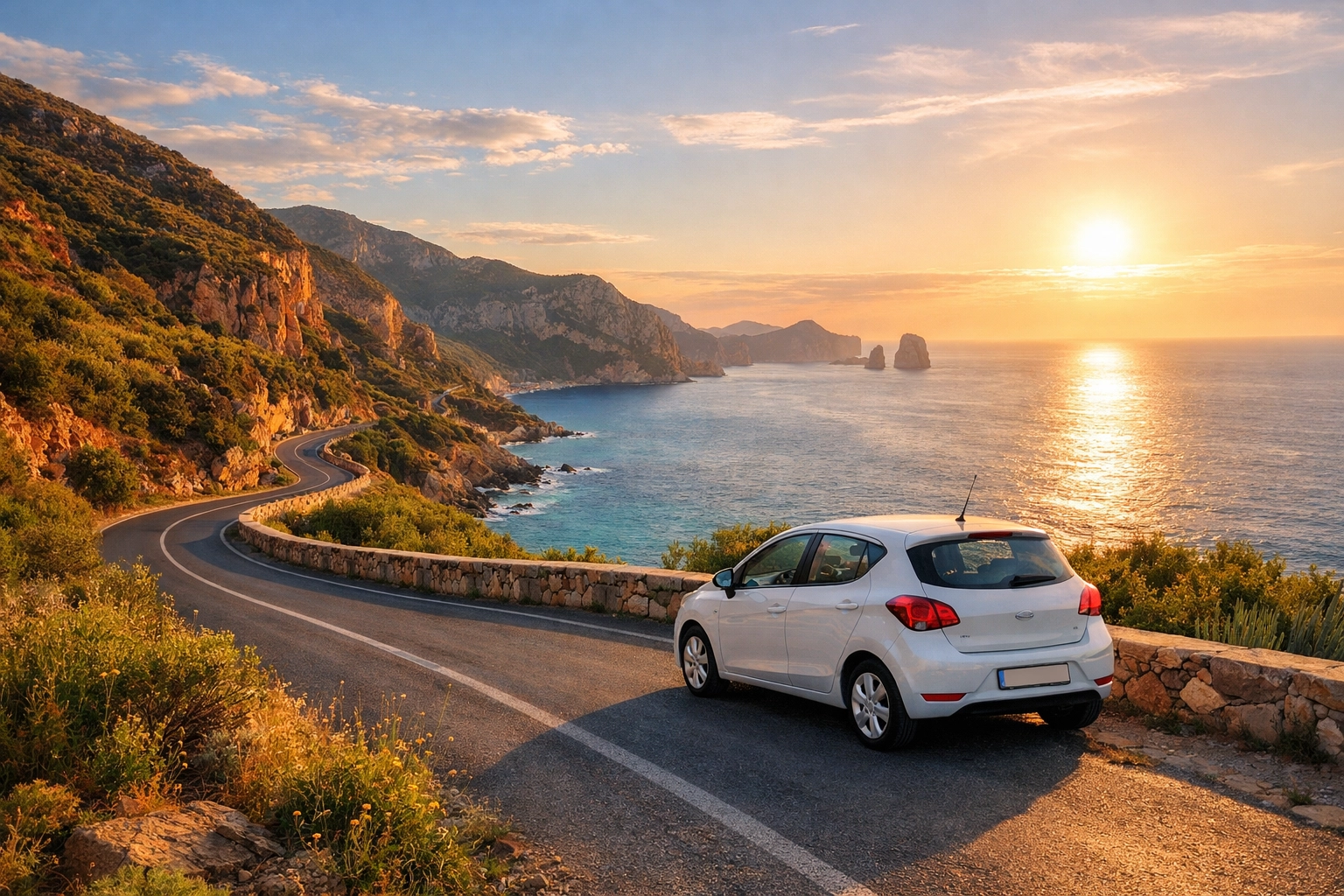 Scenic coastal road in Sardinia - driving along the Mediterranean with rental car freedom