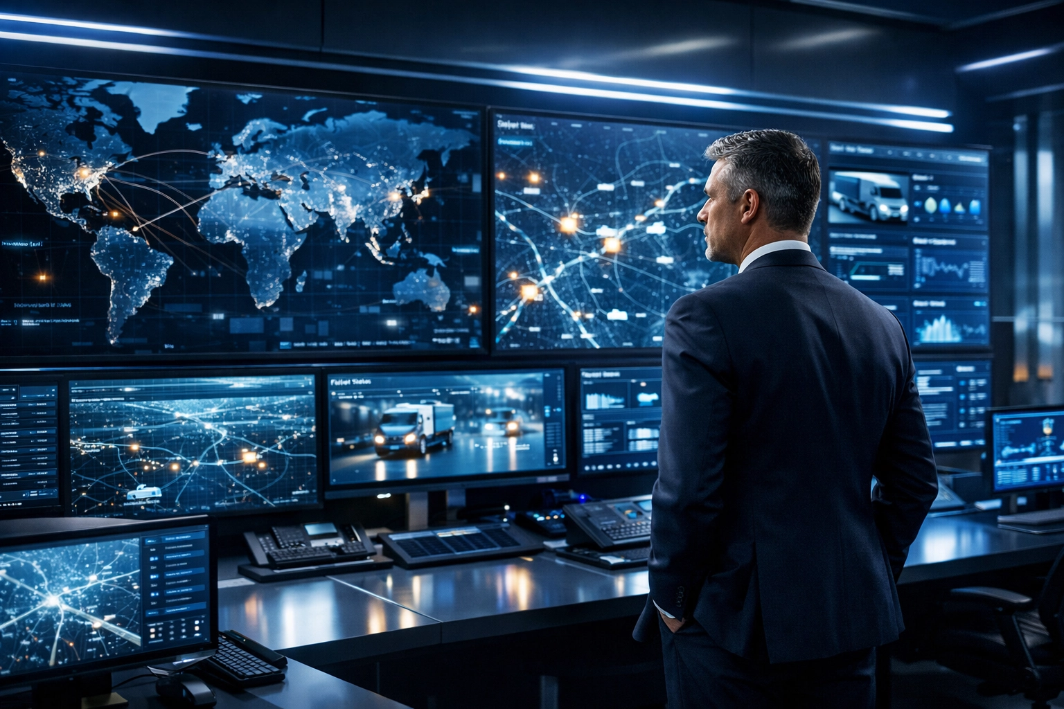 High-tech command center for real-time monitoring of Super Bowl executive logistics and travel security.