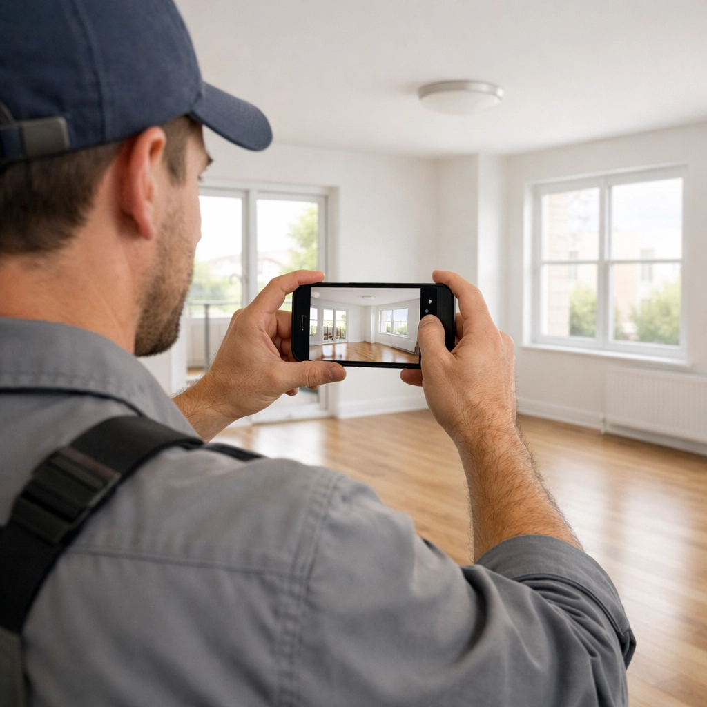 Maintenance worker documenting renovated apartment with smartphone for property listing photos