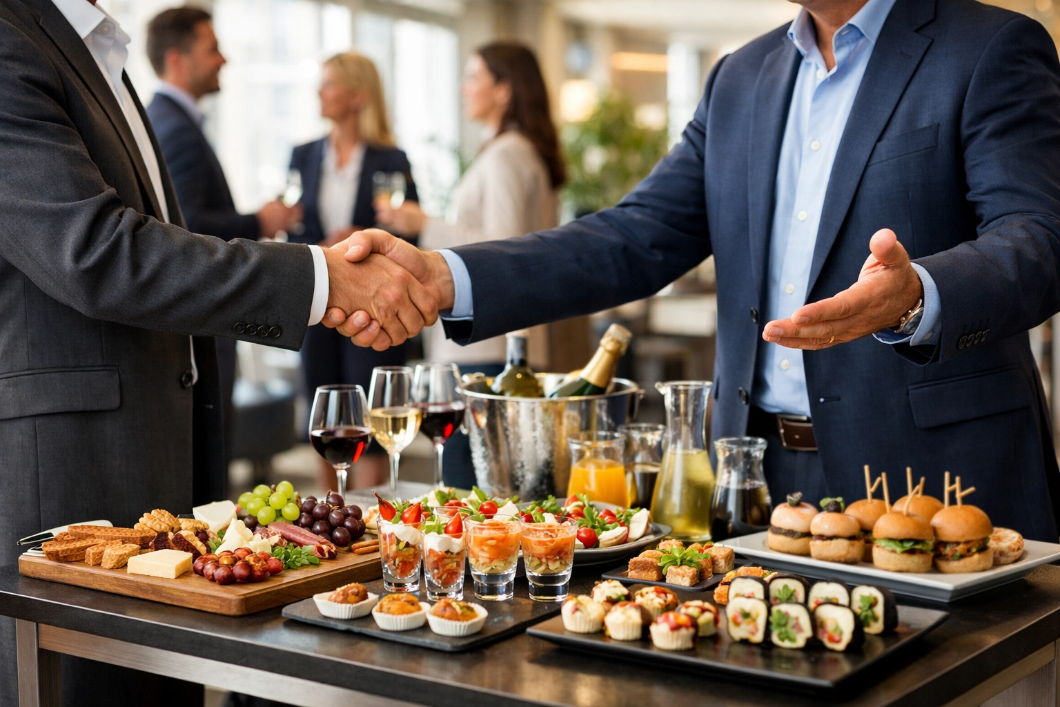 NEWSLETTER: Stop Losing Million-Dollar Deals at Super Bowl Events – Try These 7 Networking Hacks Top CEOs Use Business executives shaking hands at Super Bowl hospitality event with catered spread