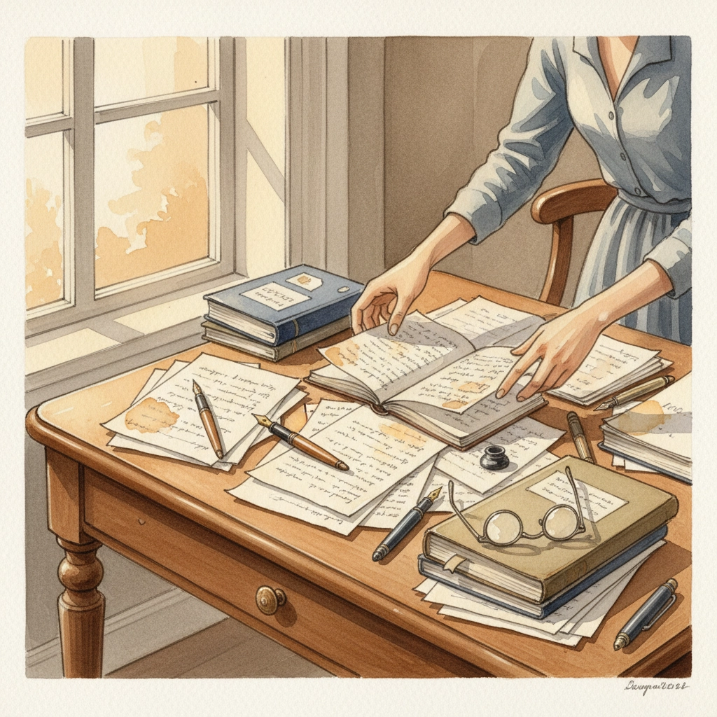 A person organizes handwritten pages and notebooks on a wooden desk by a sunny window, surrounded by pens, ink, and glasses—symbolizing the process of shaping a first draft into a finished legacy book.