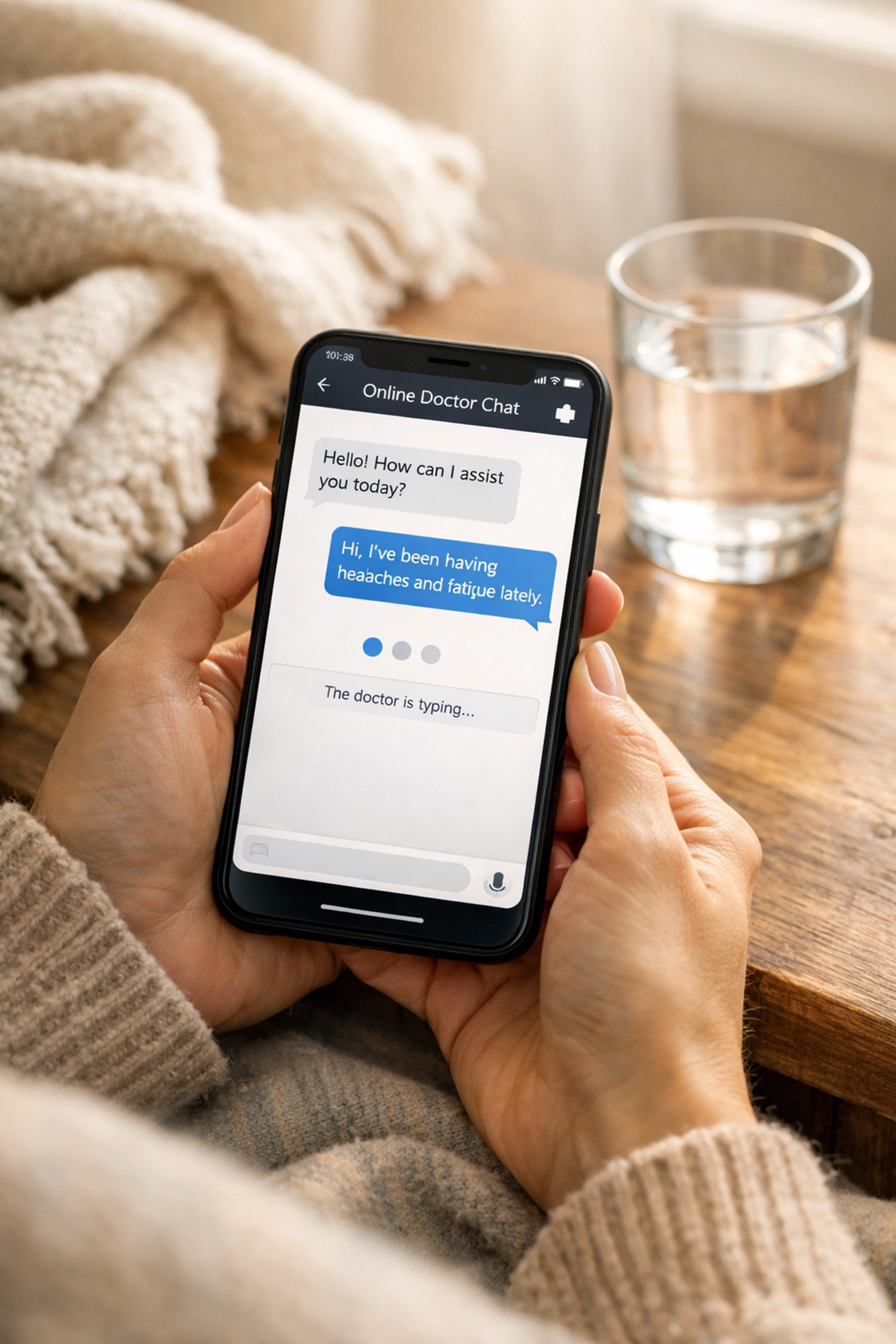 Woman using smartphone for telehealth UTI consultation from home