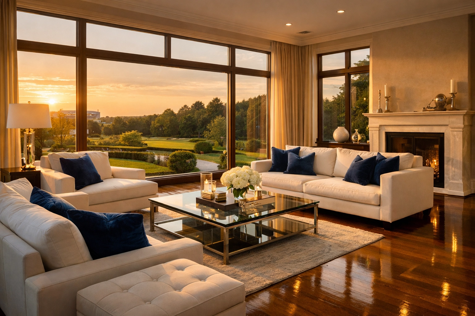 Sun-drenched luxury living room with dust-free surfaces from Foxborough residential cleaning.