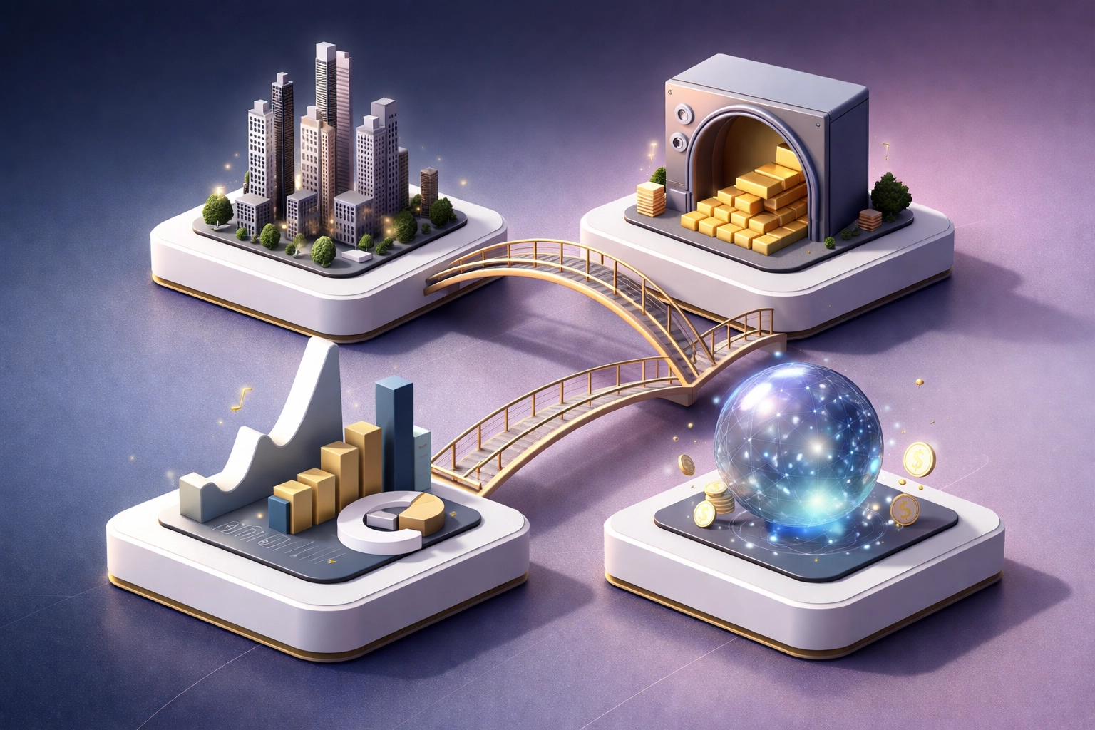 Interconnected alternative investment portfolio showing real estate, private equity, hedge funds, and crypto assets