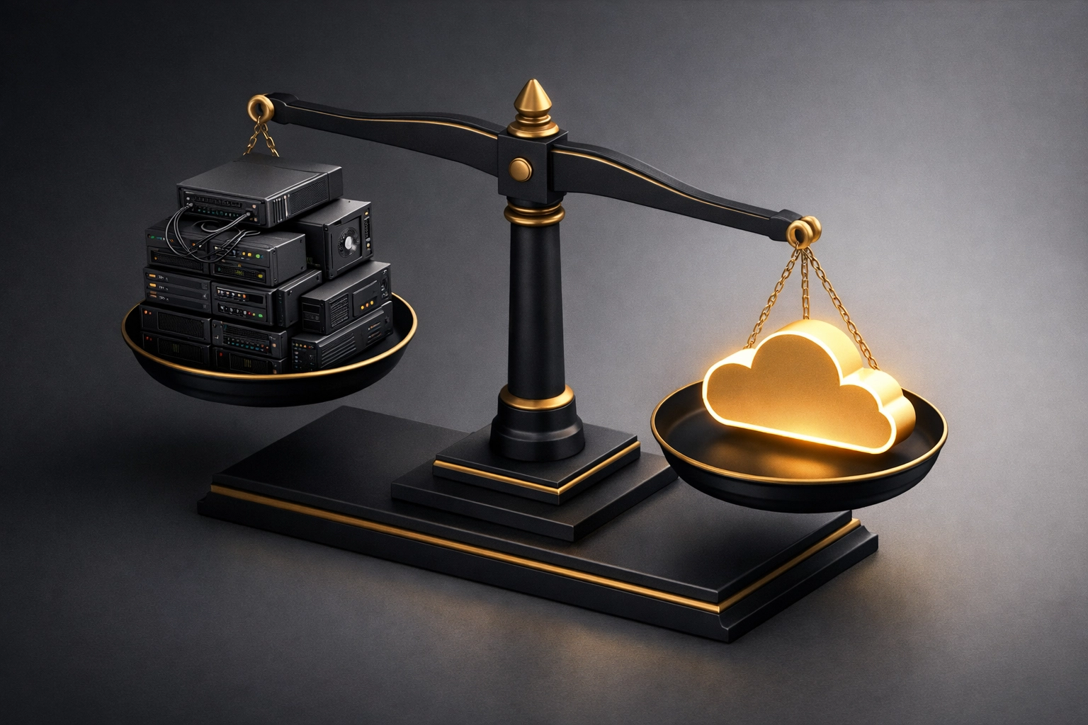 Cost comparison scale showing cloud-based managed IT versus traditional hardware