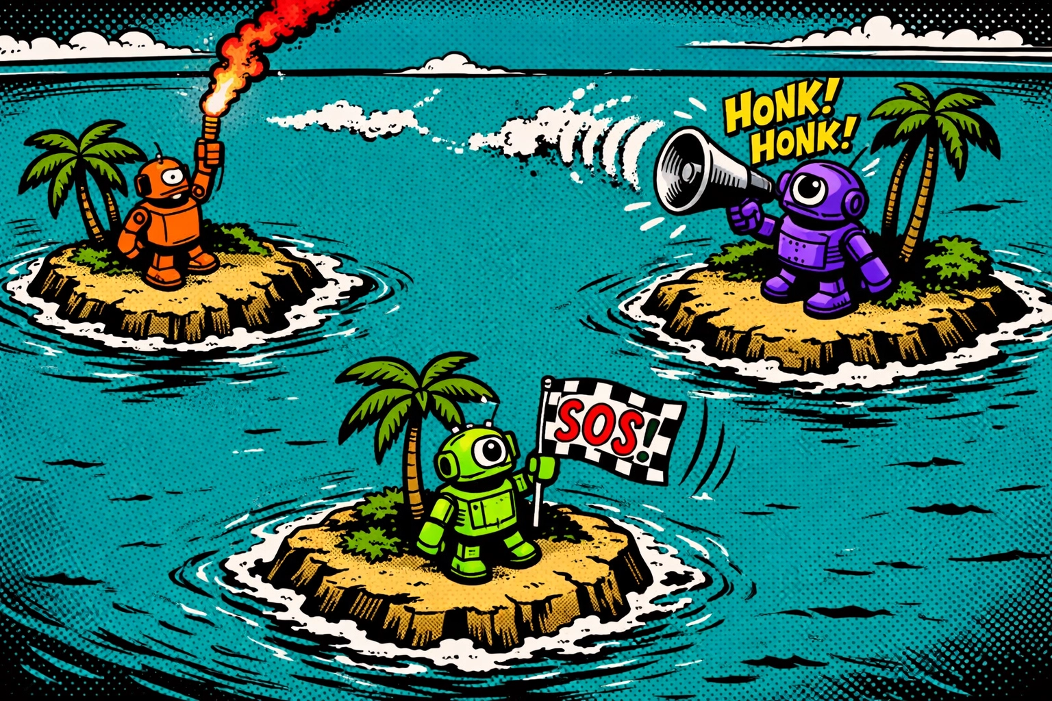 Robots on separate islands showing disconnected AI business automation tools.