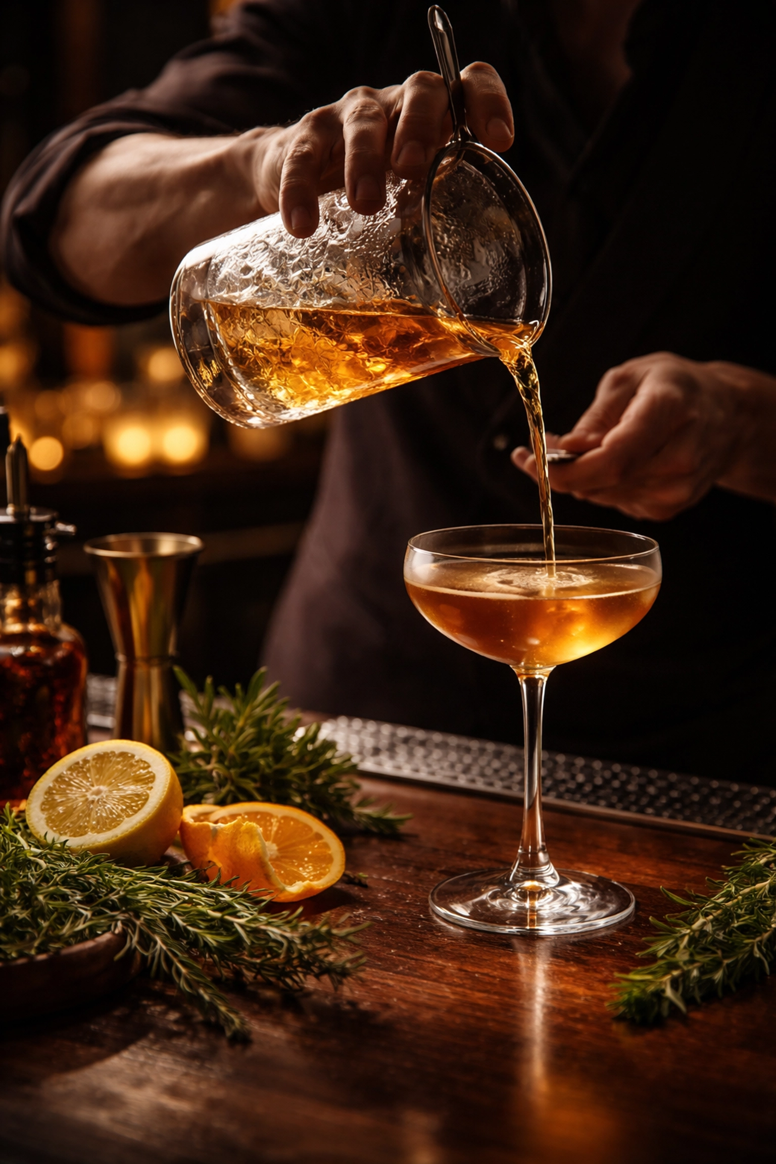 Bartender pouring craft cocktail into coupe glass, showcasing Uptown Lobby’s signature drink experience