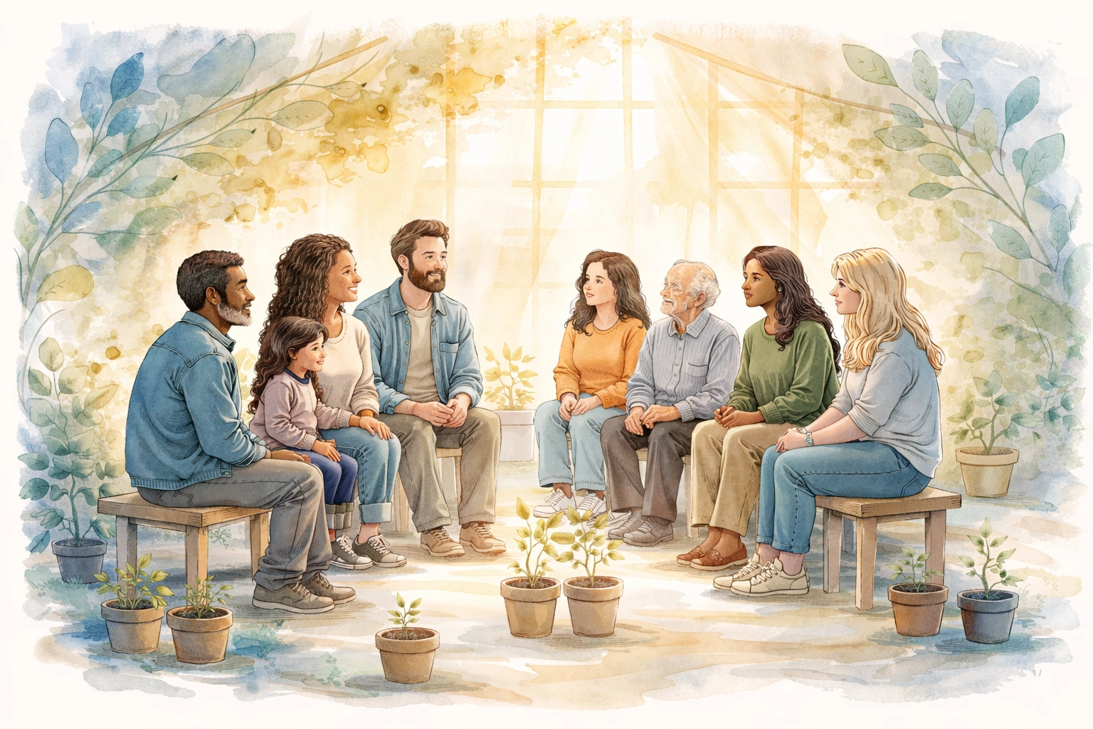 A diverse group of new believers sit together in an inviting greenhouse, symbolizing faith growth and spiritual roots at Boundless Online Church.