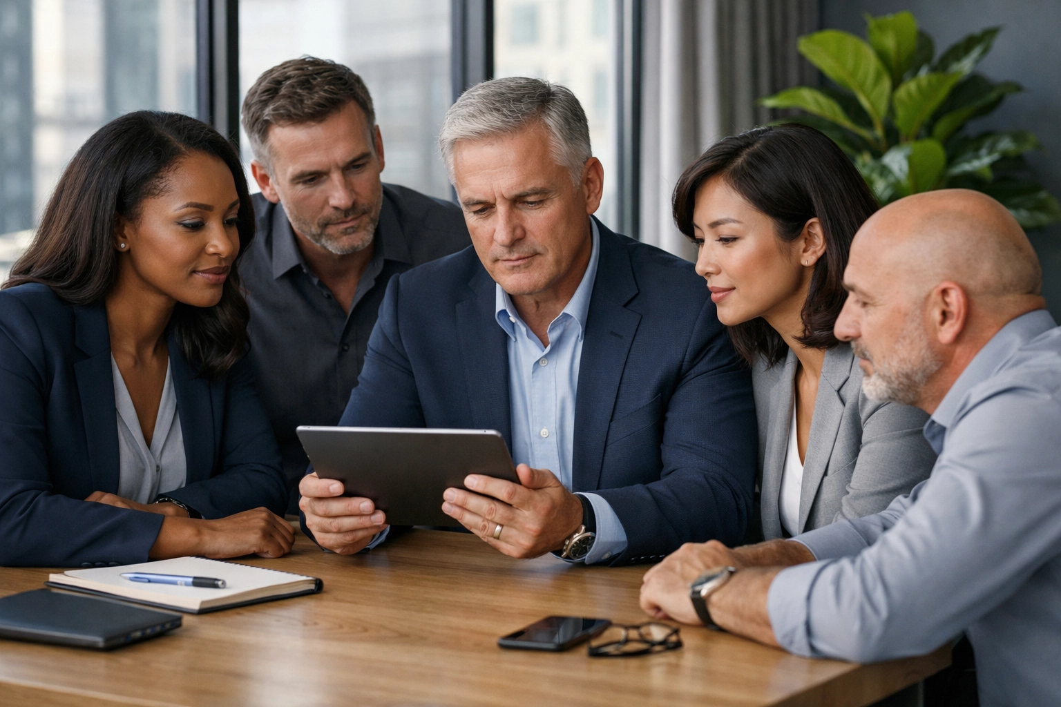 Ventura business leaders collaborating on a cross-functional CMMC compliance strategy in a modern office.