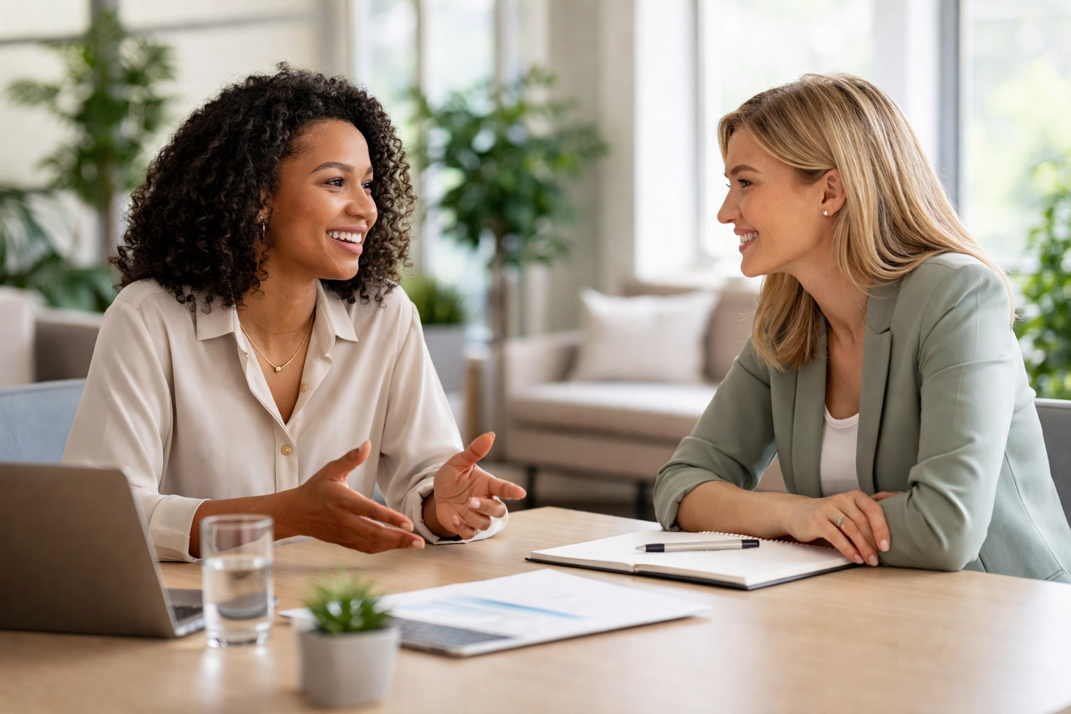 Two people having a consultative discussion in a welcoming insurance office, building trust and solving financial problems.