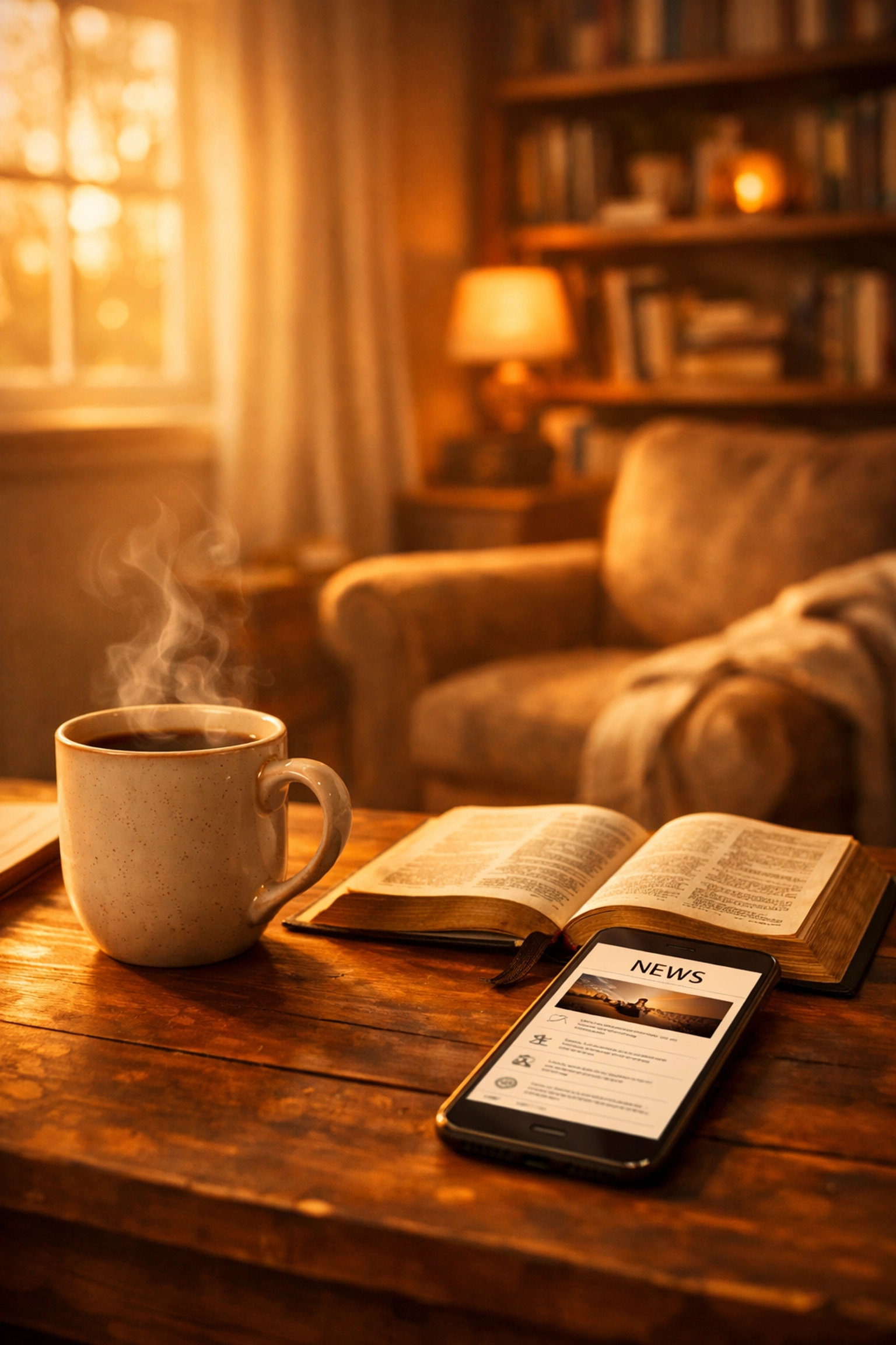 Peaceful evening setting with coffee, Bible and smartphone for staying informed without anxiety