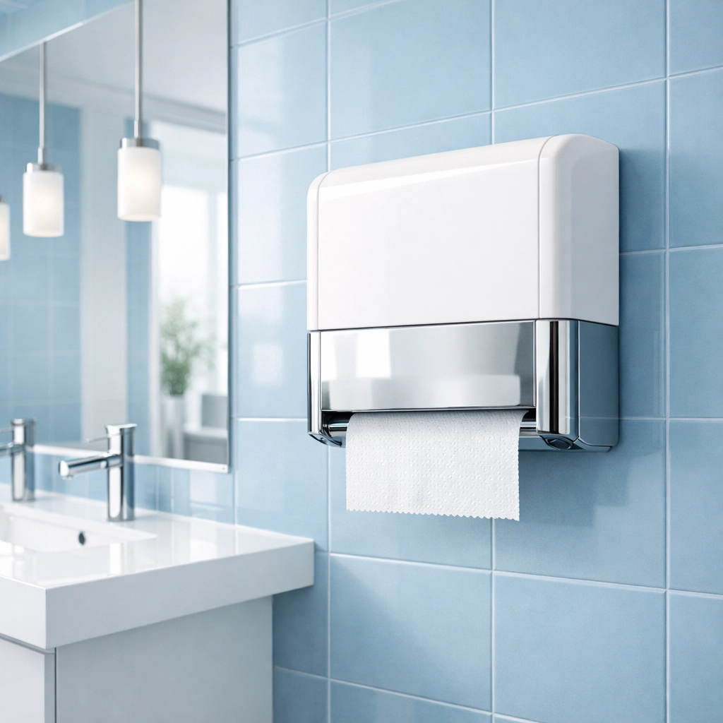 Professional washroom hygiene services featuring a wall-mounted roller towel dispenser.
