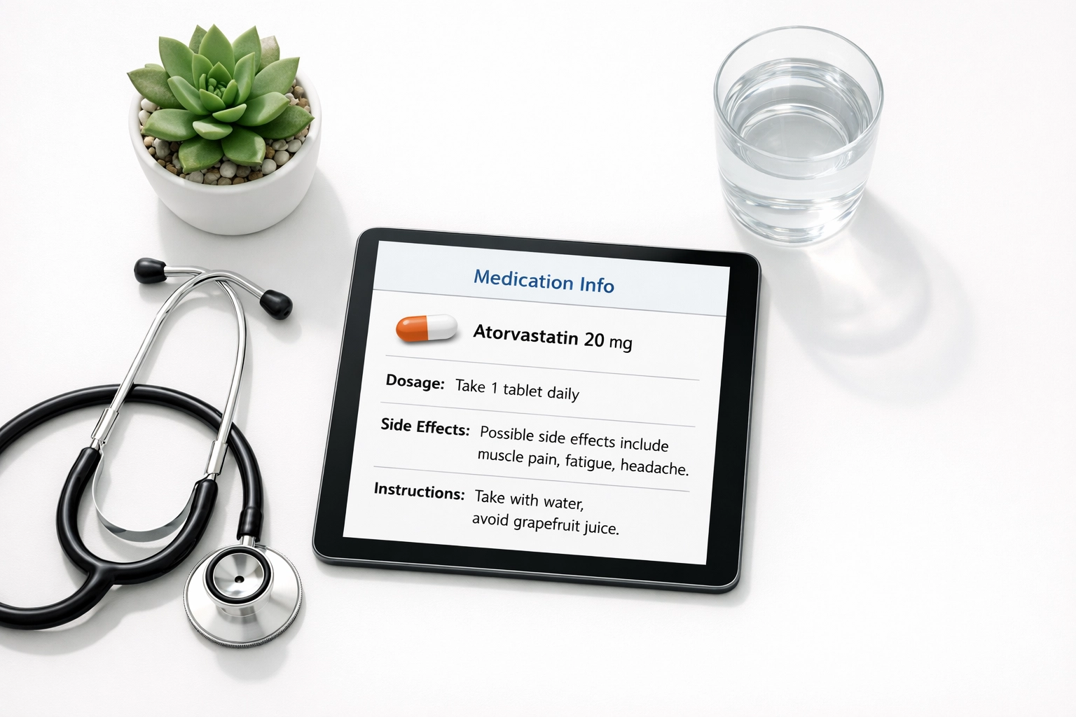 Medical consultation setup with tablet showing weight loss medication information and stethoscope