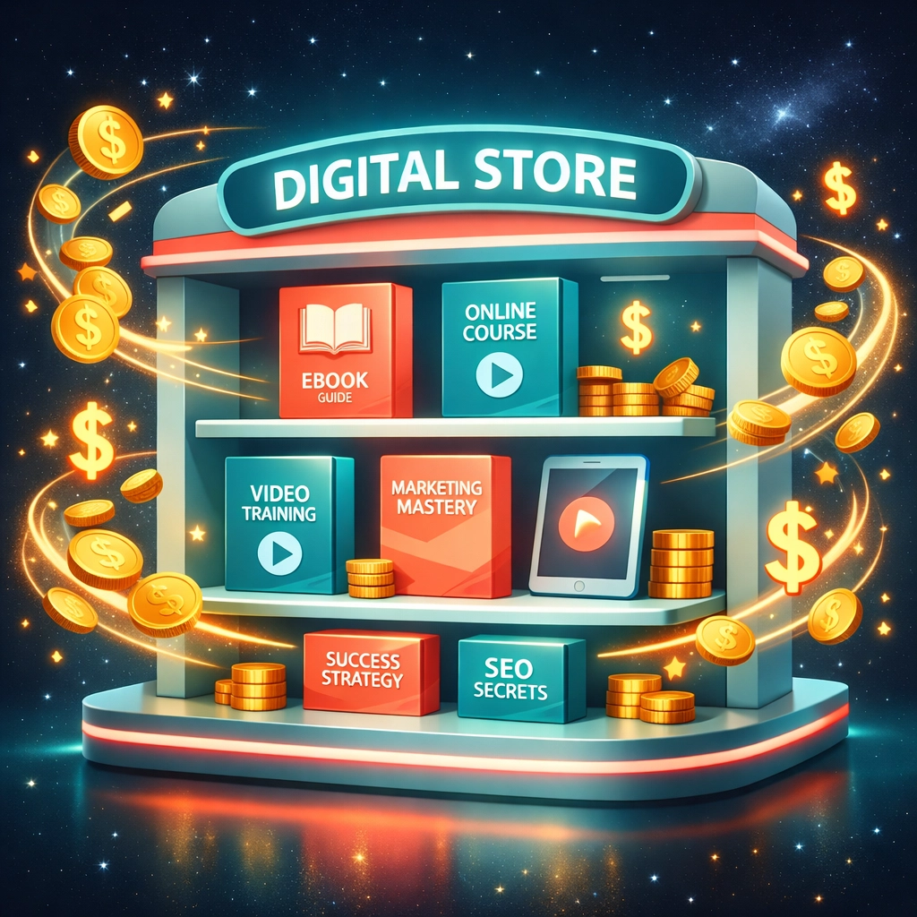Digital storefront displaying ebooks and video courses with master resell rights generating profits