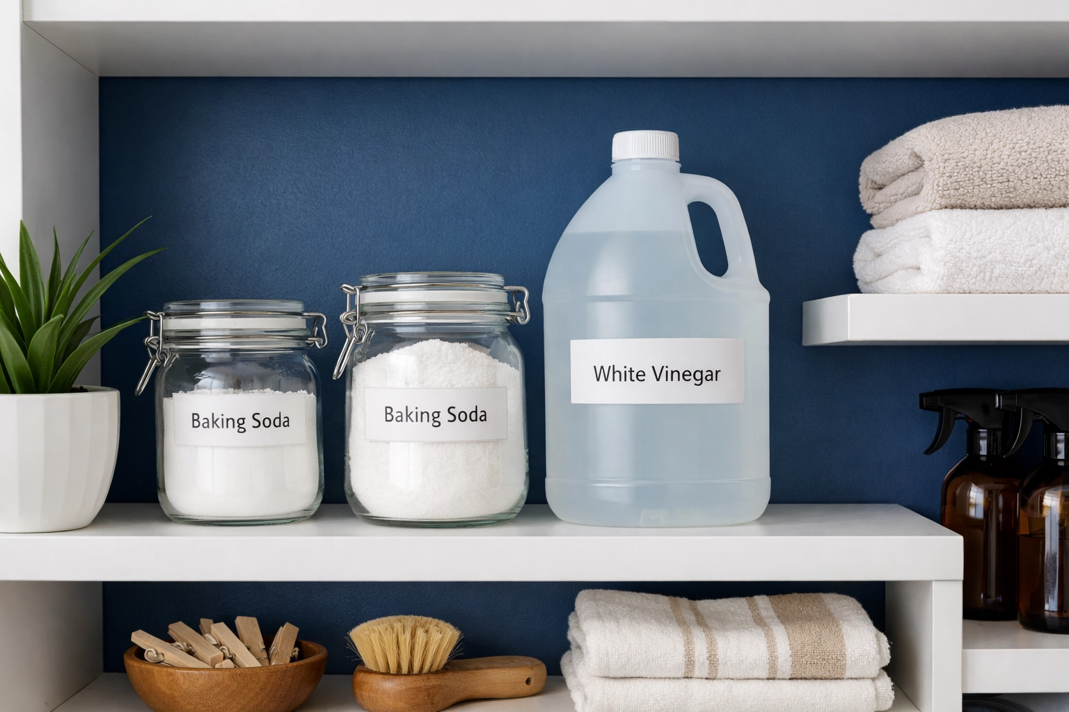Natural cleaning supplies like vinegar and baking soda stored on a shelf for toilet maintenance.