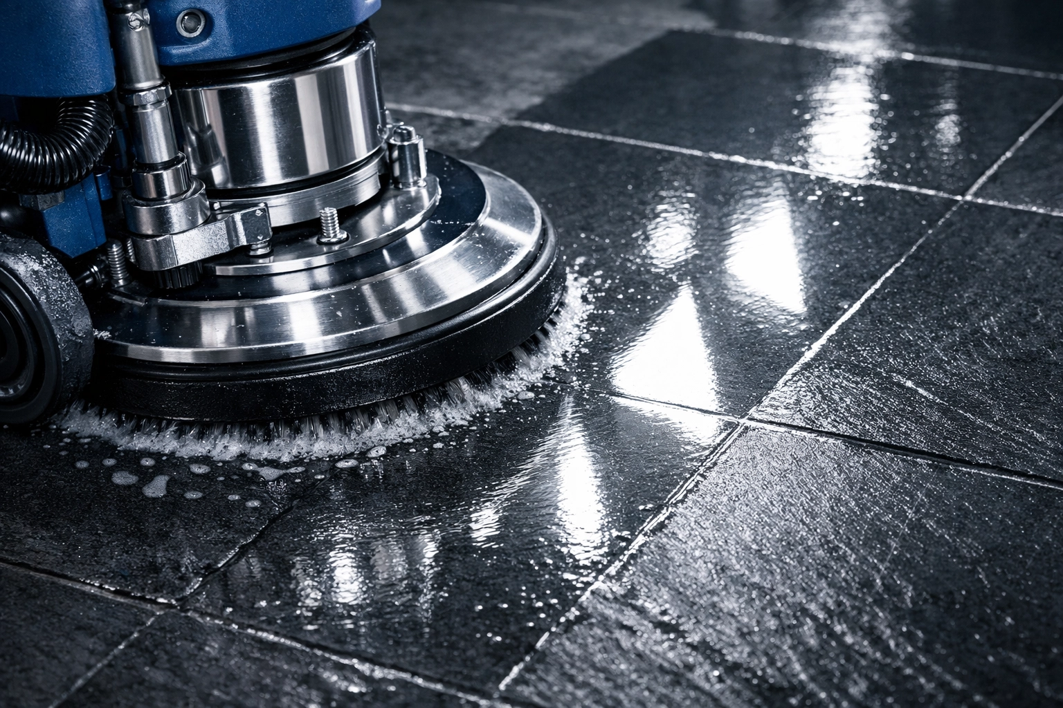 Specialist industrial floor scrubbing machine in action, demonstrating high-standard commercial cleaning results.
