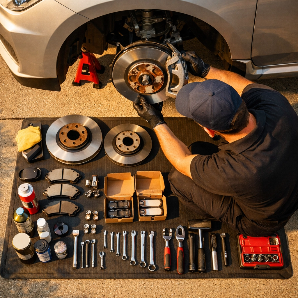 Mobile mechanic performing brake inspection with tools and parts in Green Bay driveway
