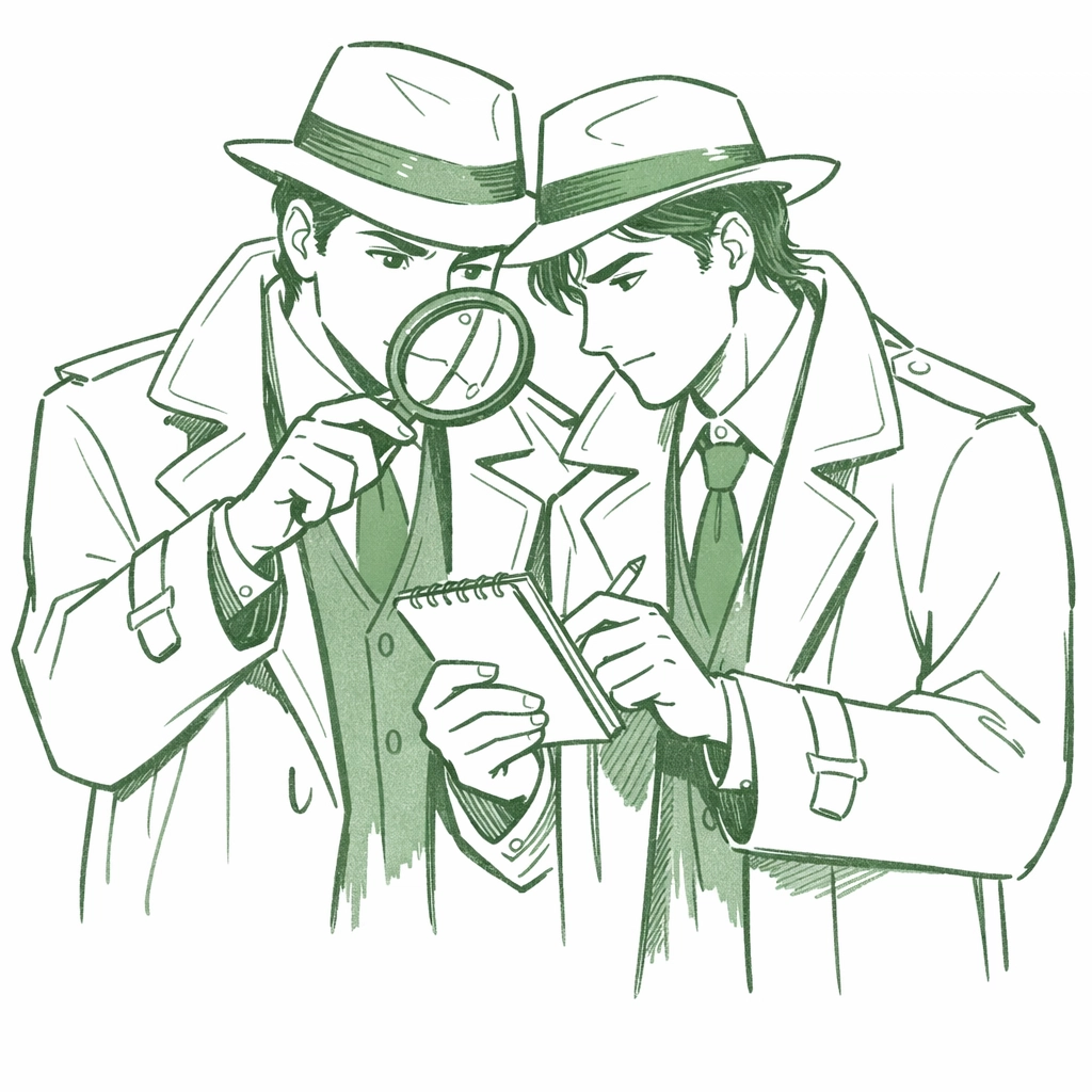 Two male detectives examining murder mystery evidence together in gay thriller