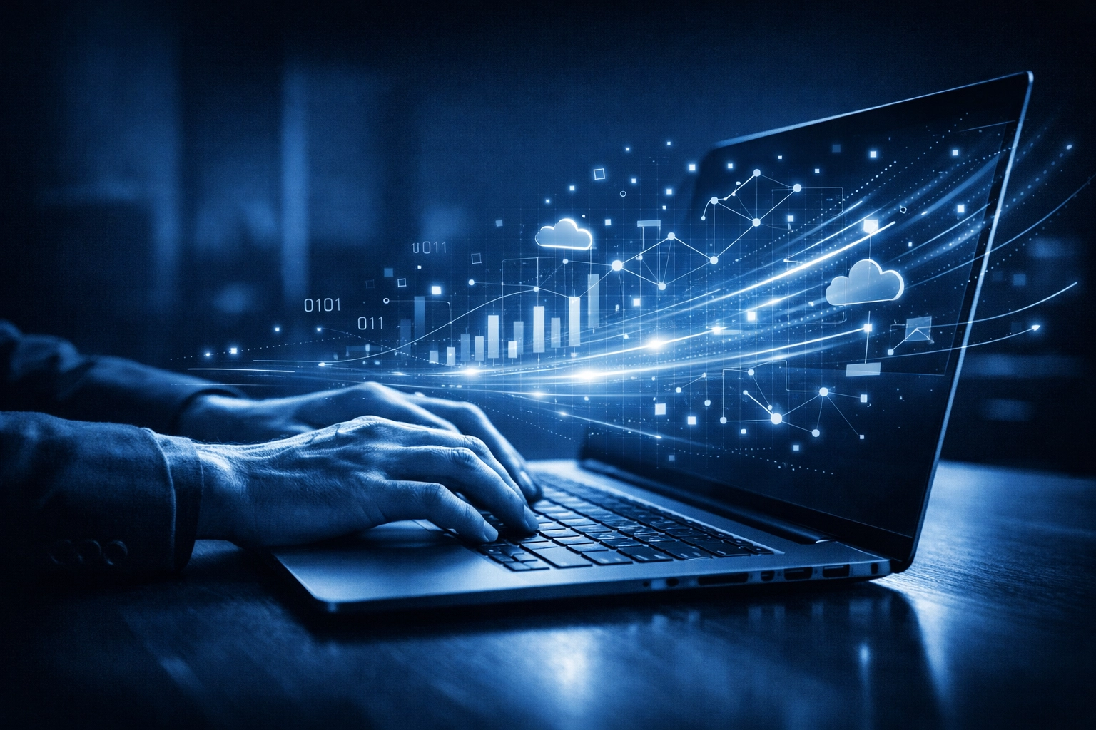 Modern laptop with digital data overlays illustrating the future of AI and cloud computing for business.