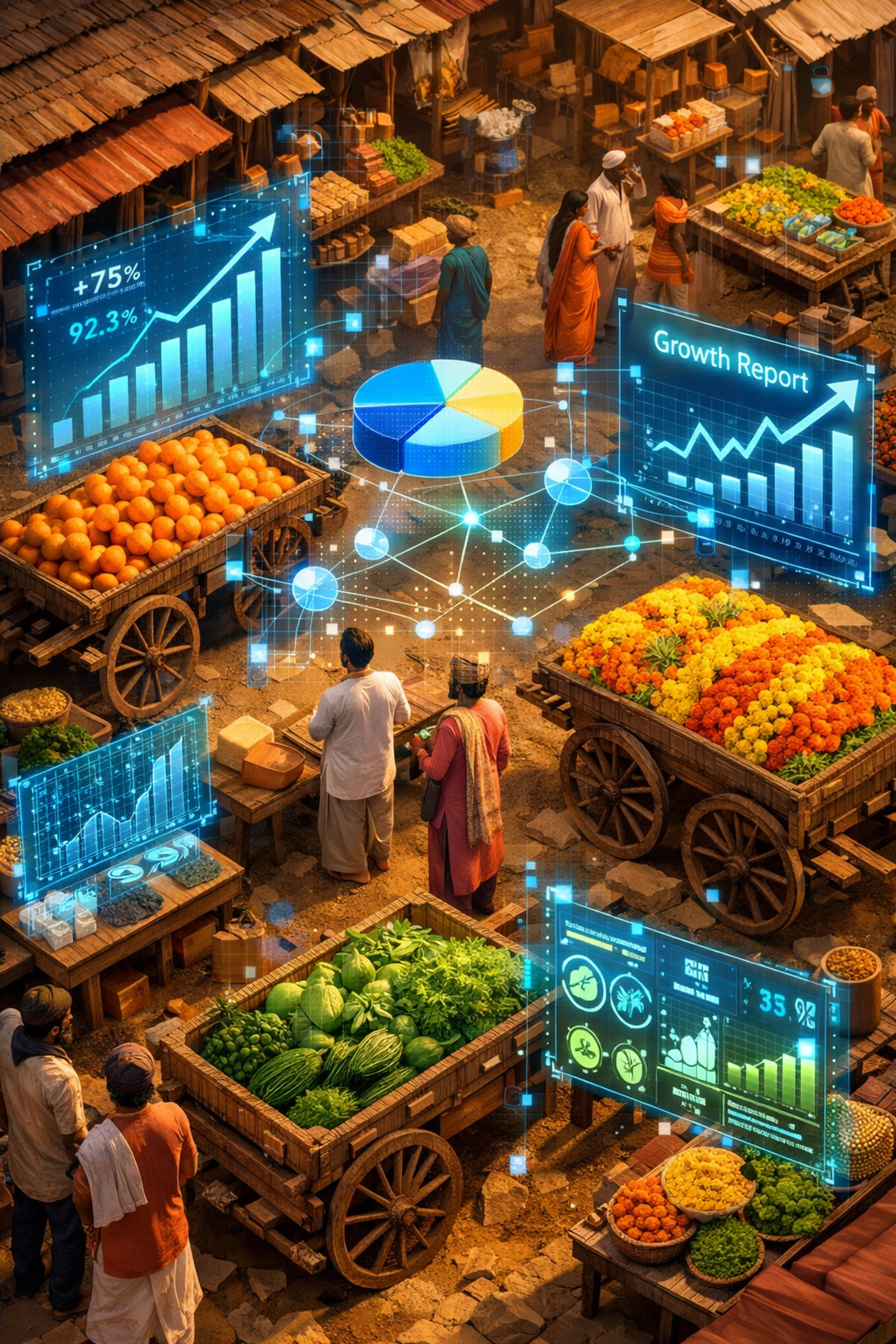 Digital data overlays on a traditional Indian market illustrating startup failure to success.