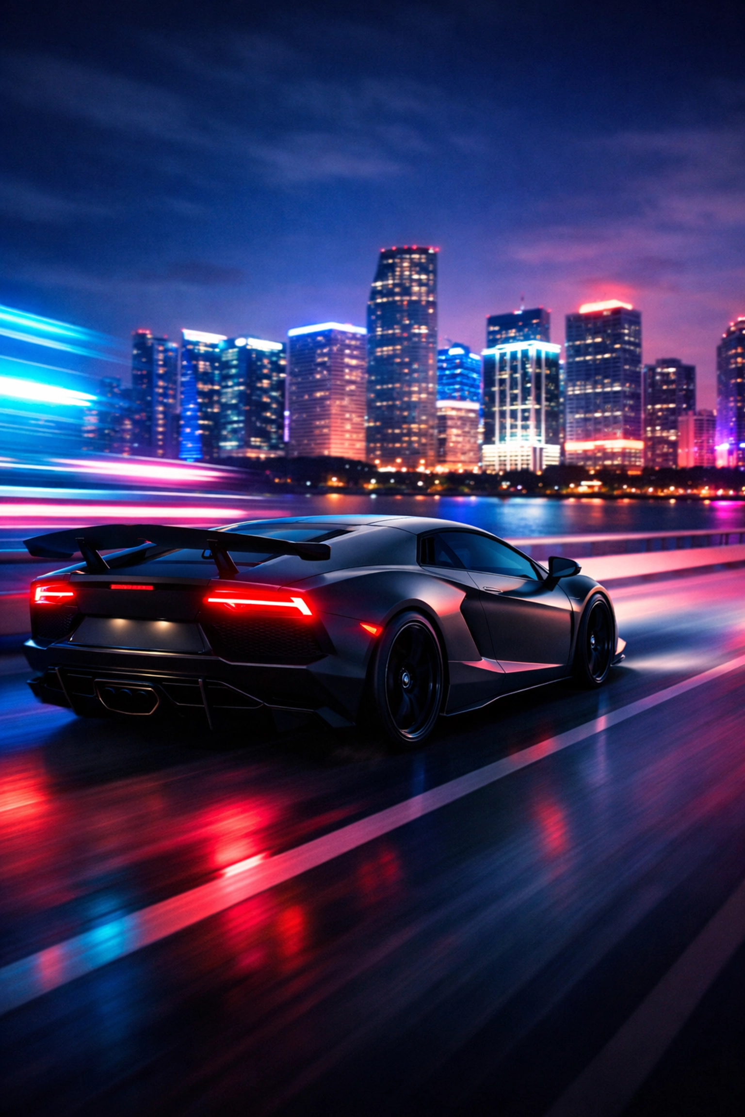 Sports car speeding toward the Miami skyline, representing fast load times and Local SEO Miami FL excellence.