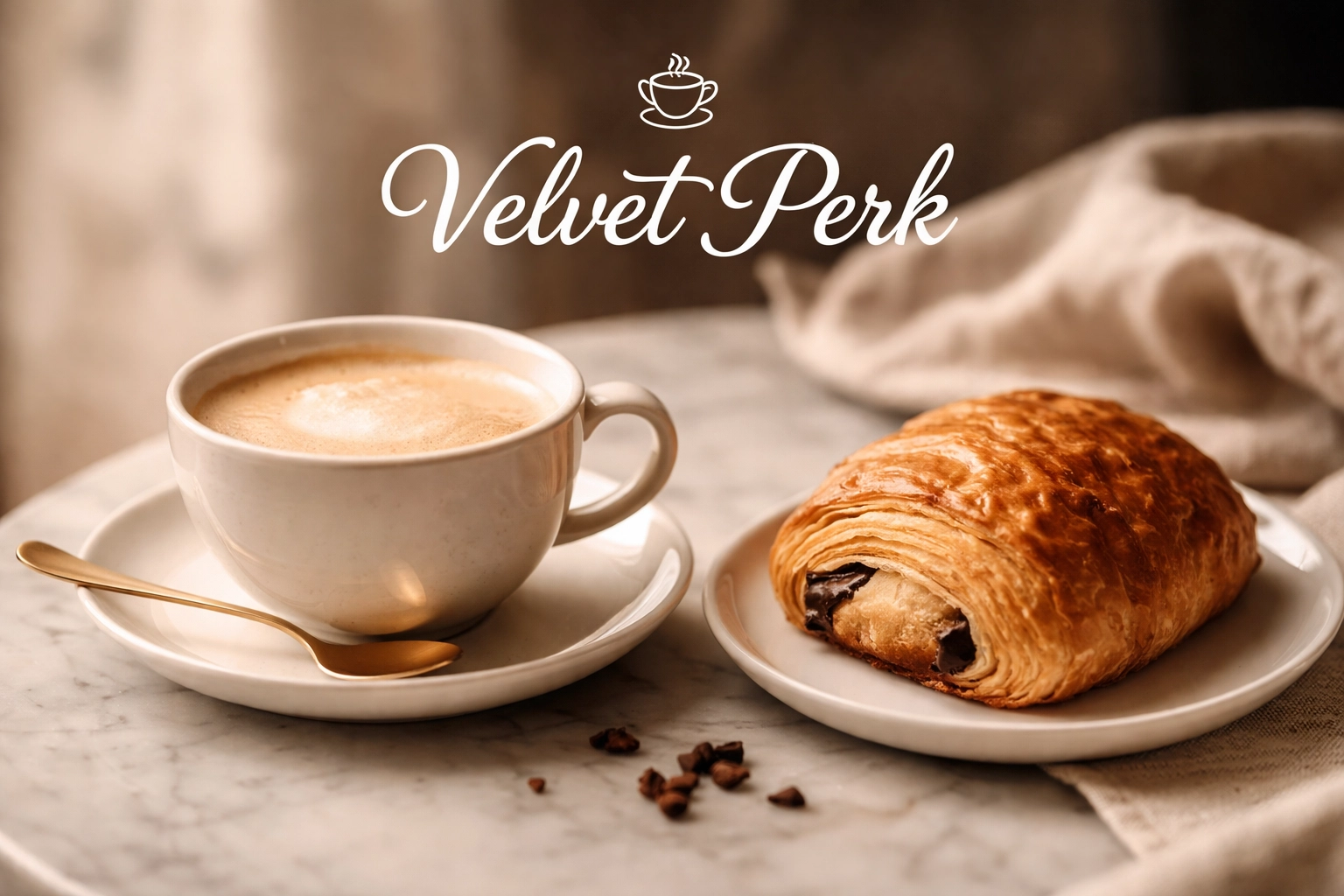 Café au lait in a ceramic cup with pain au chocolat on marble, perfect coffee and pastry pairing at Velvet Perk.