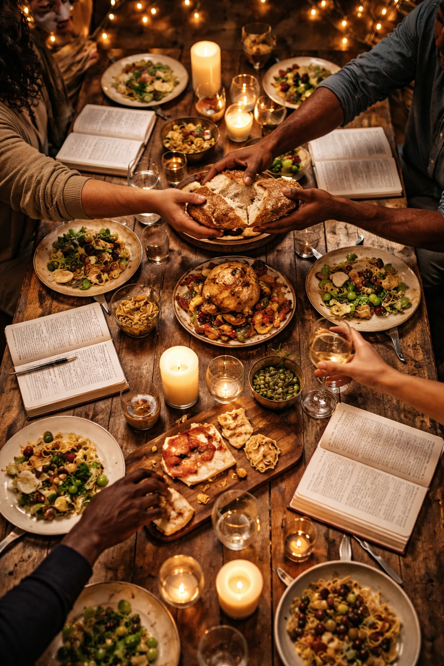 Overhead view of a rustic dinner table at a home church gathering with shared food, Bibles, and intentional discipleship.