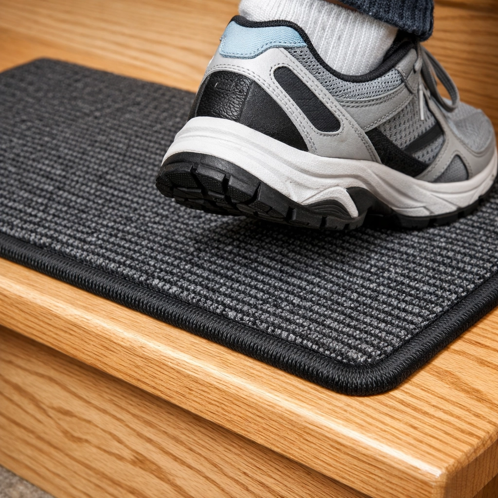 Close-up of non-slip shoe on a secure carpet stair tread providing traction for safe climbing.