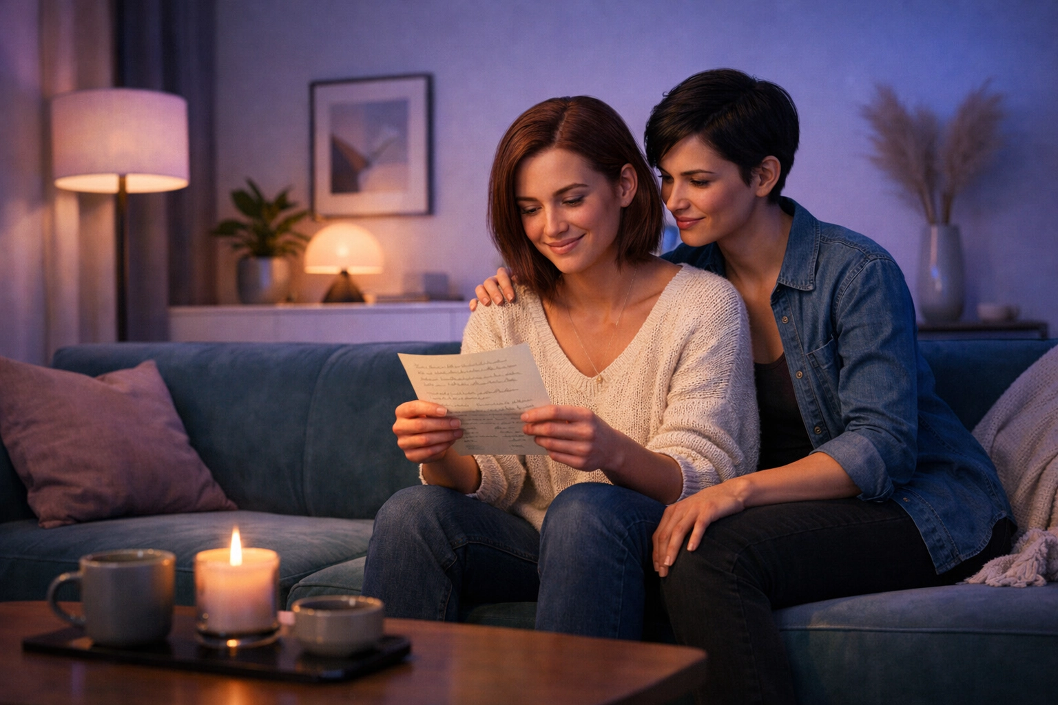 A lesbian couple sharing an emotional moment while reading a heartfelt coming out letter at home.