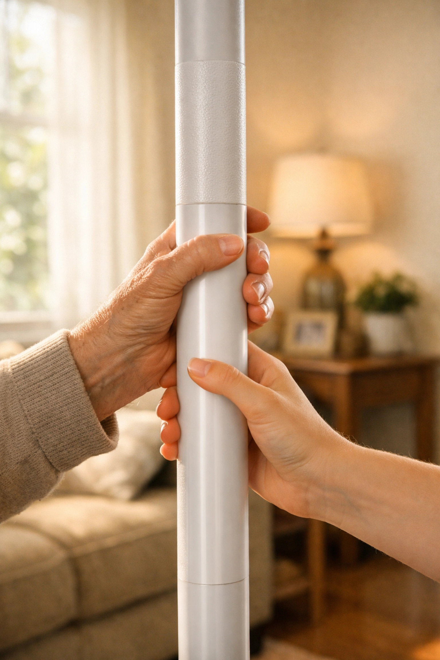 Checking the stability of a floor-to-ceiling transfer pole for proactive senior home safety.