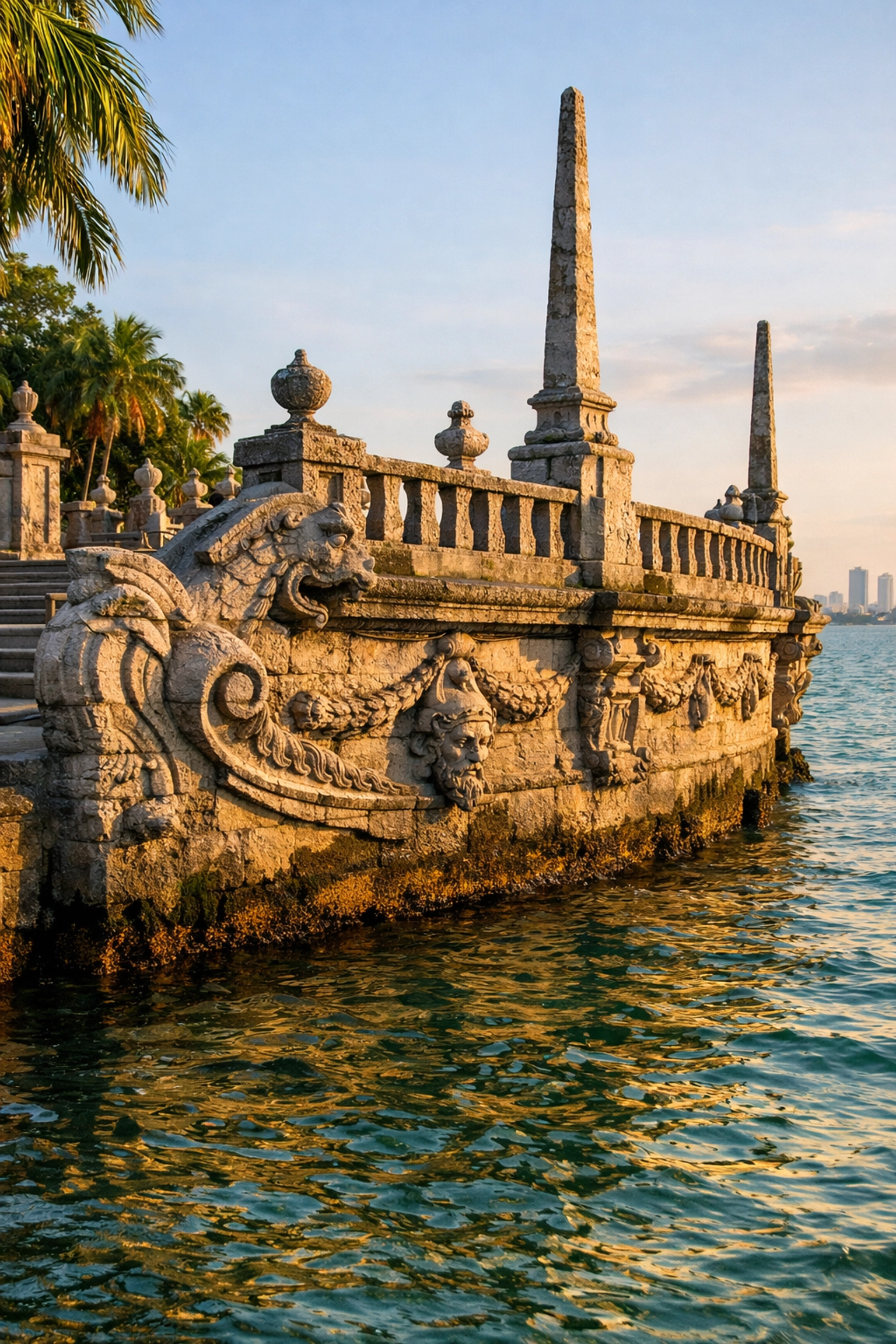 The historic stone barge at Vizcaya Museum and Gardens in Miami during golden hour.