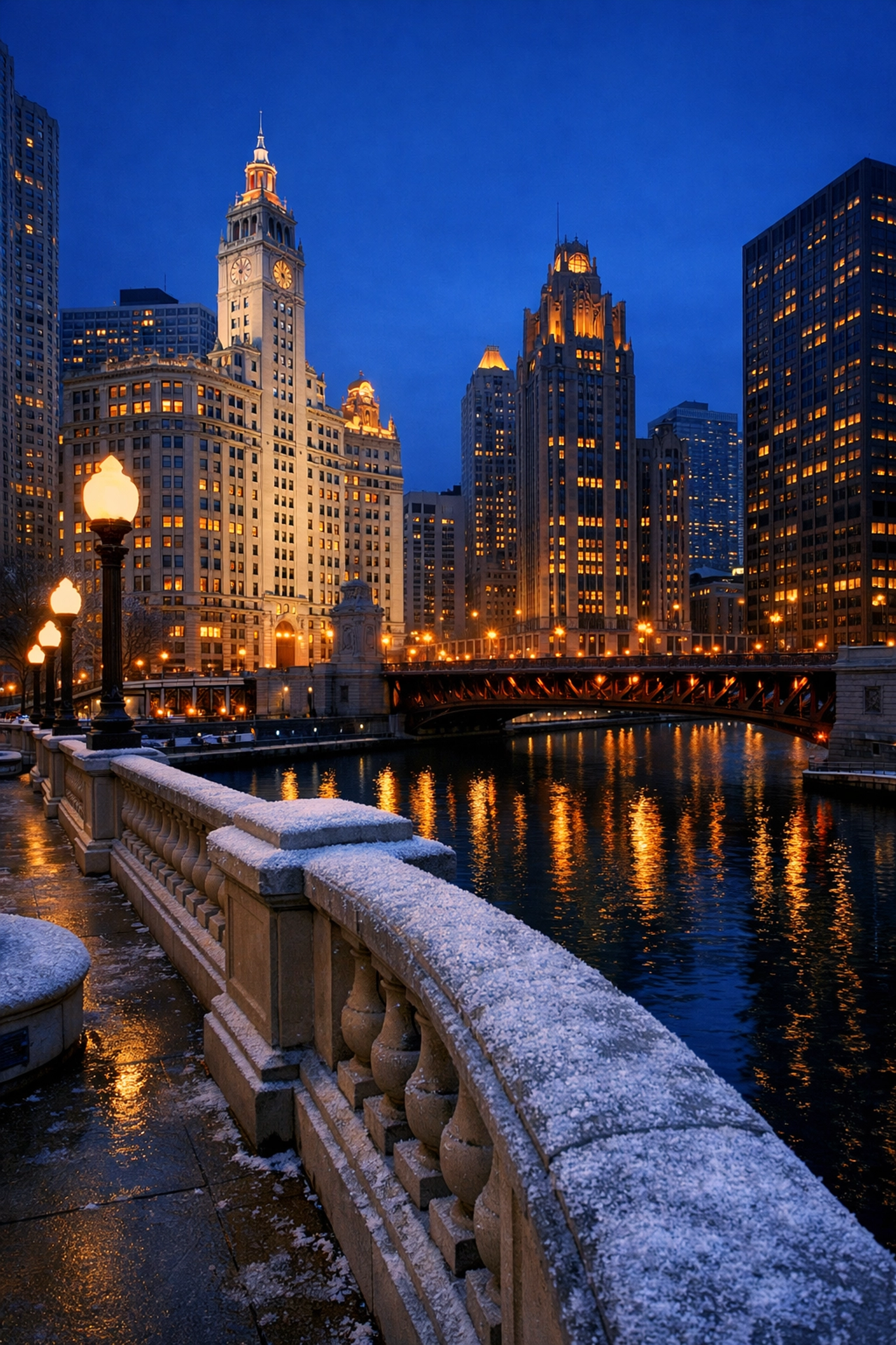 Chicago Riverwalk at twilight in March, capturing the city's rhythm for international travelers.
