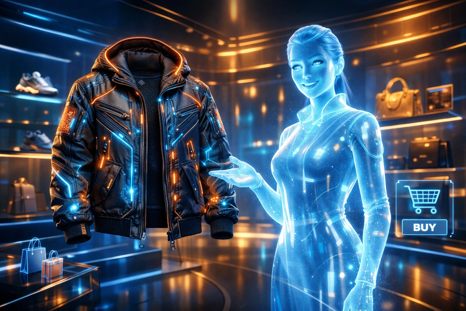AI shopping assistant showcasing a digital streetwear jacket in a futuristic metaverse boutique storefront