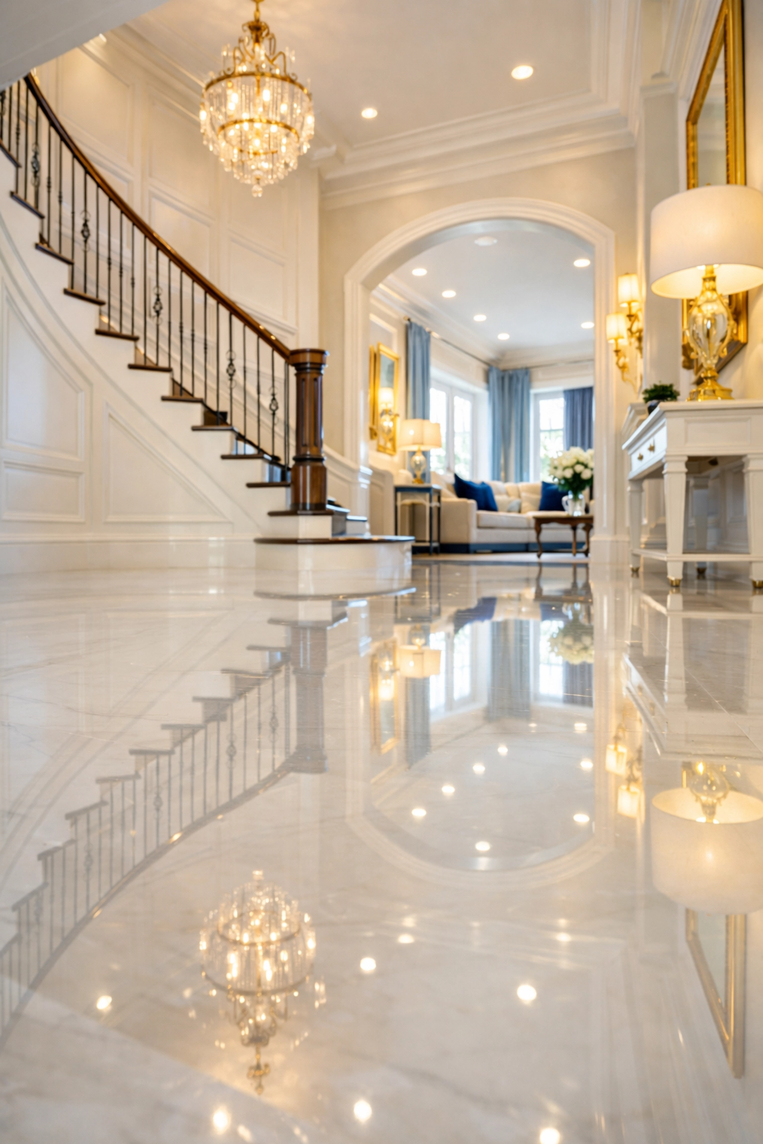 Polished marble foyer in a luxury home reflecting the high standard of luxury house cleaning in Franklin MA.