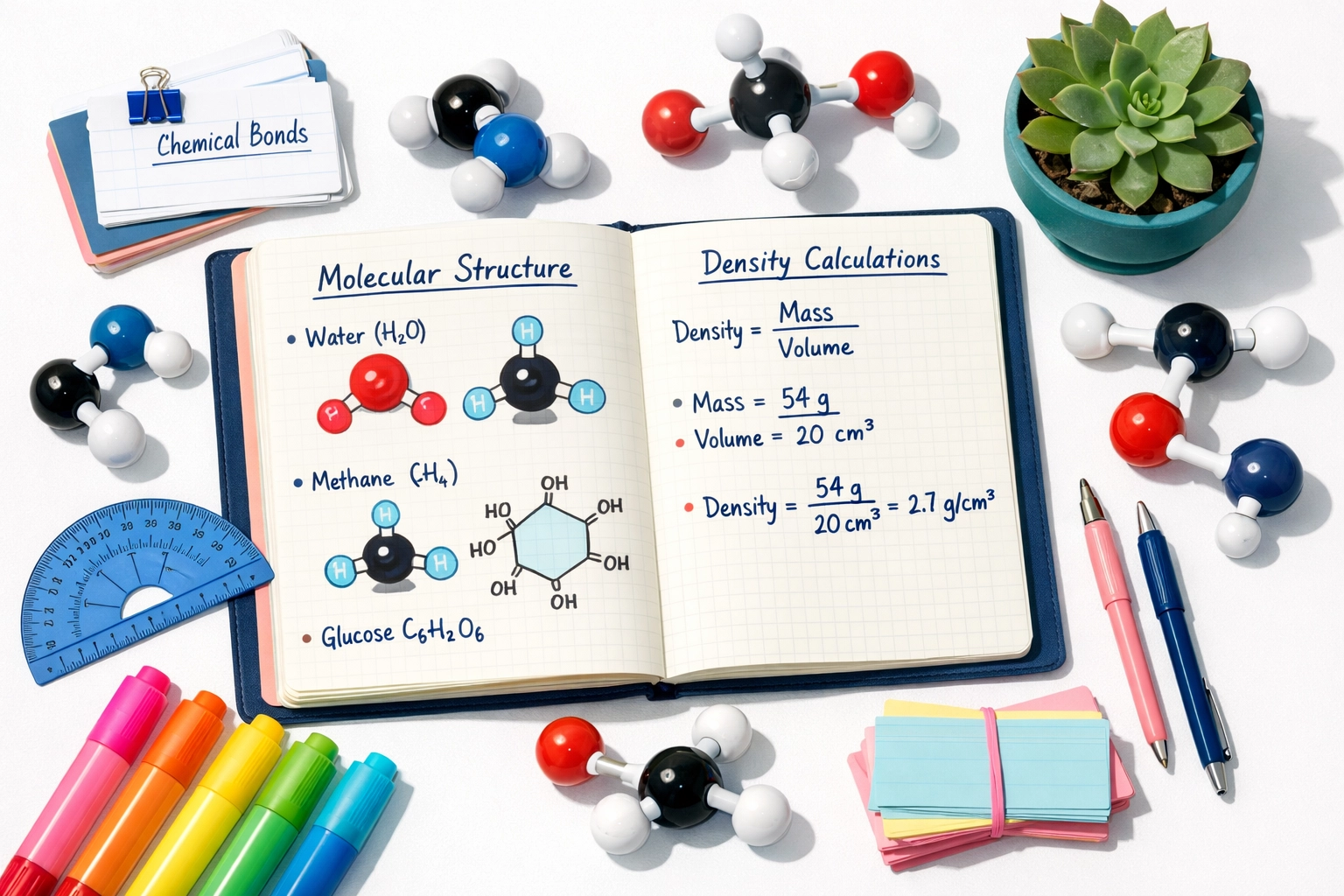 Organized GCSE Science revision workspace with notebooks, flashcards, and molecular diagrams