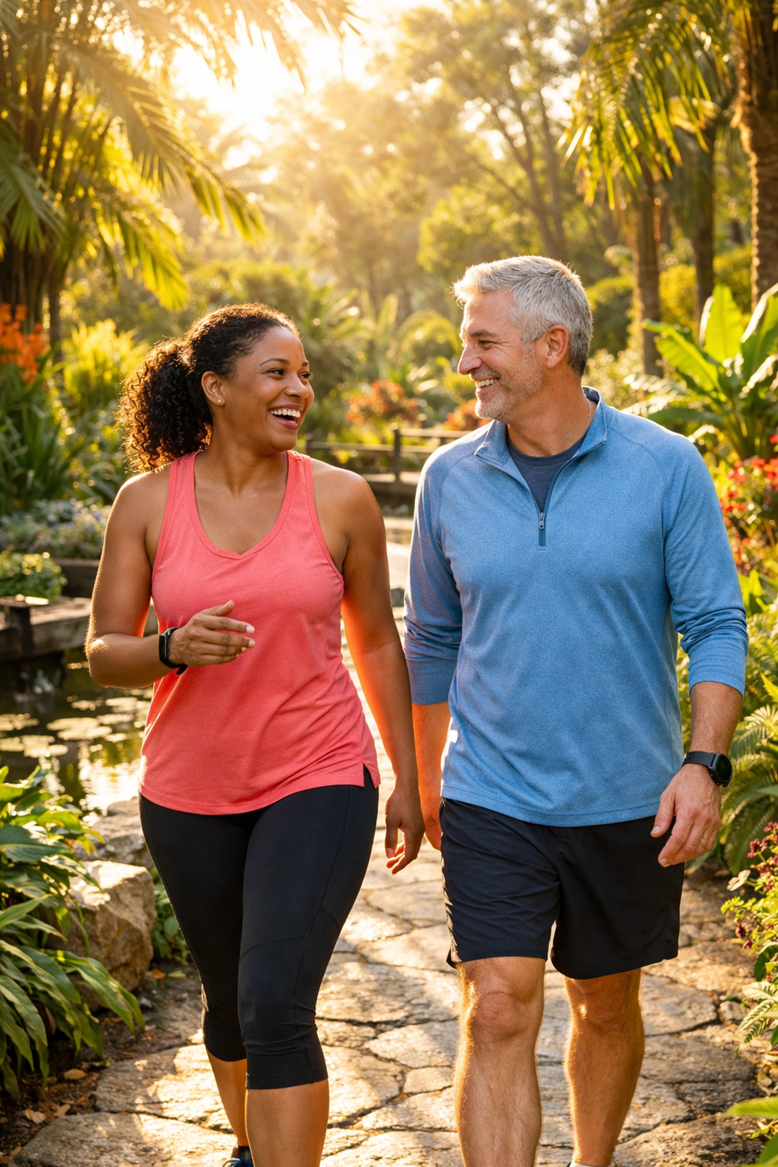 An active, healthy couple walking outdoors, representing long-term success with medical weight loss programs.