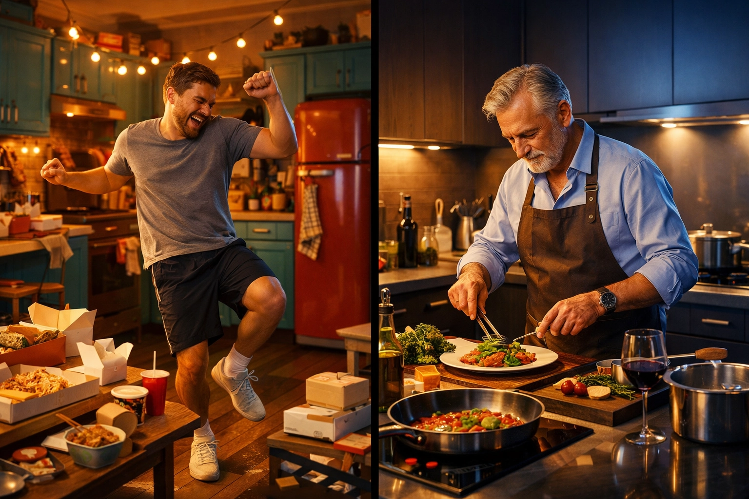 MM romance age gap dynamic: spontaneous younger partner and established older partner in their shared home