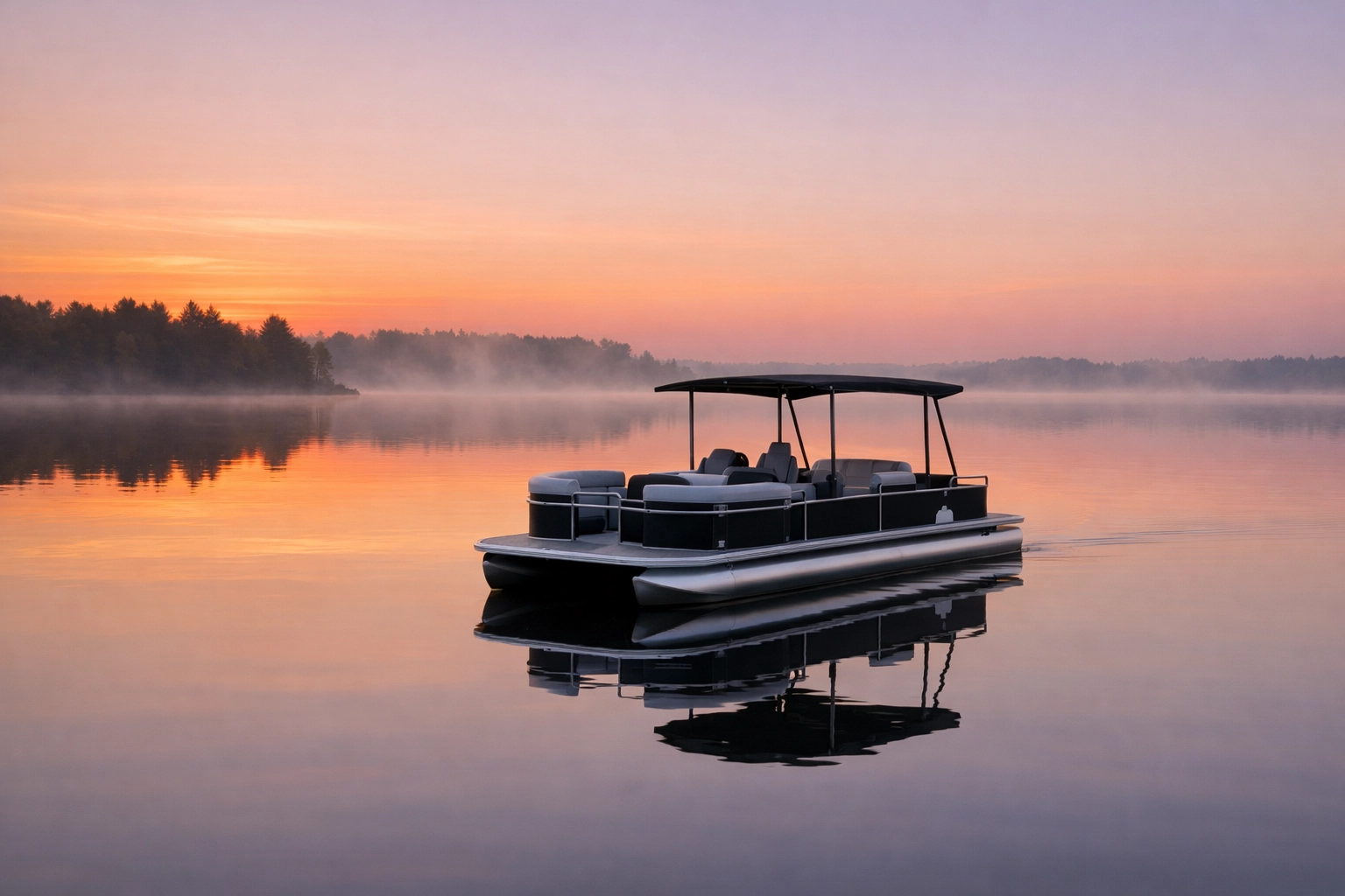 A quiet electric pontoon boat cruising across a serene lake at sunrise, showing eco-friendly boating options.