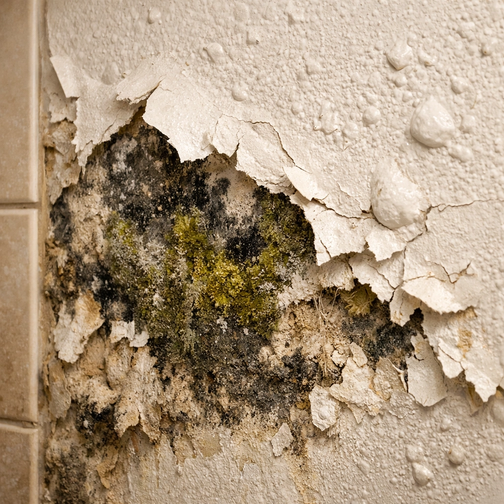 Bubbling paint and visible mold on a bathroom wall showing signs of mold after water damage.