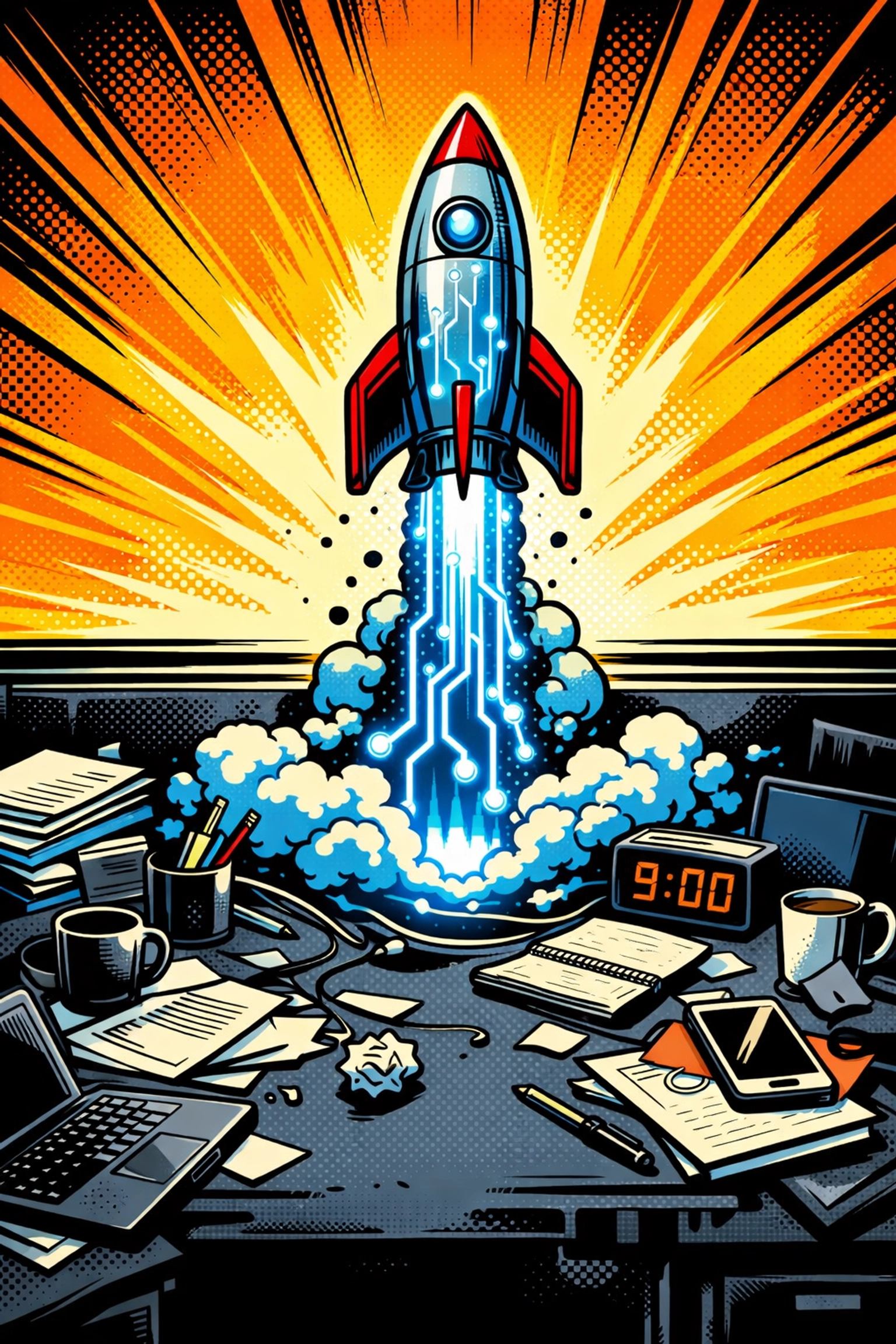 Rocket launching from a messy desk illustrating rapid growth with business automation tools.