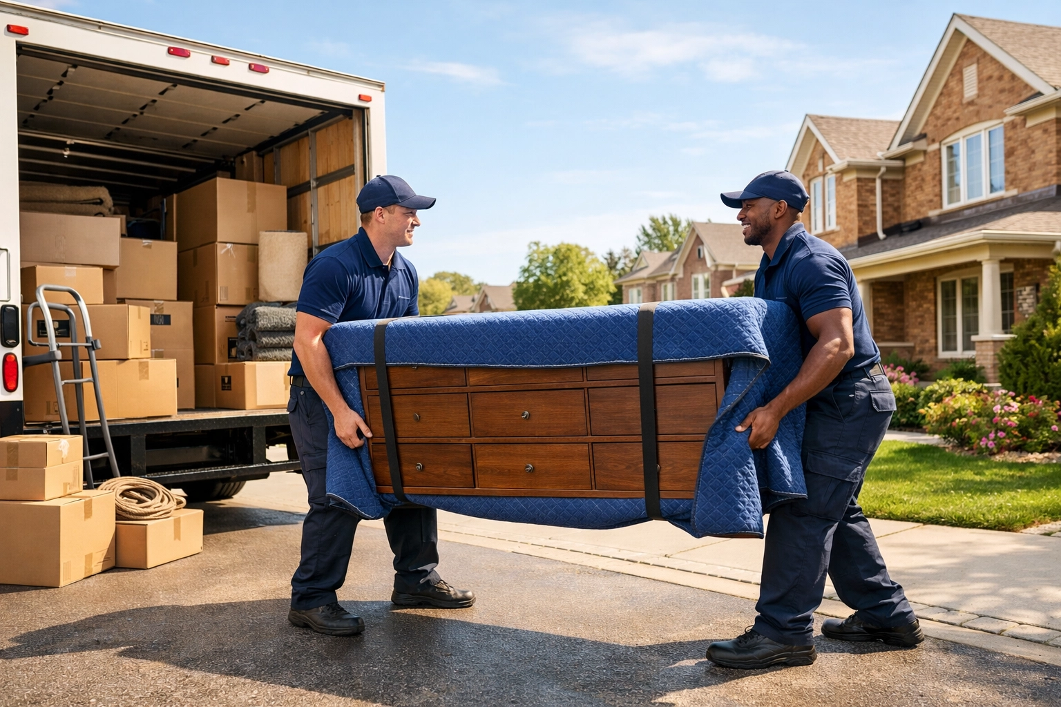 Professional local movers carrying furniture to a moving truck in a Durham Region driveway.