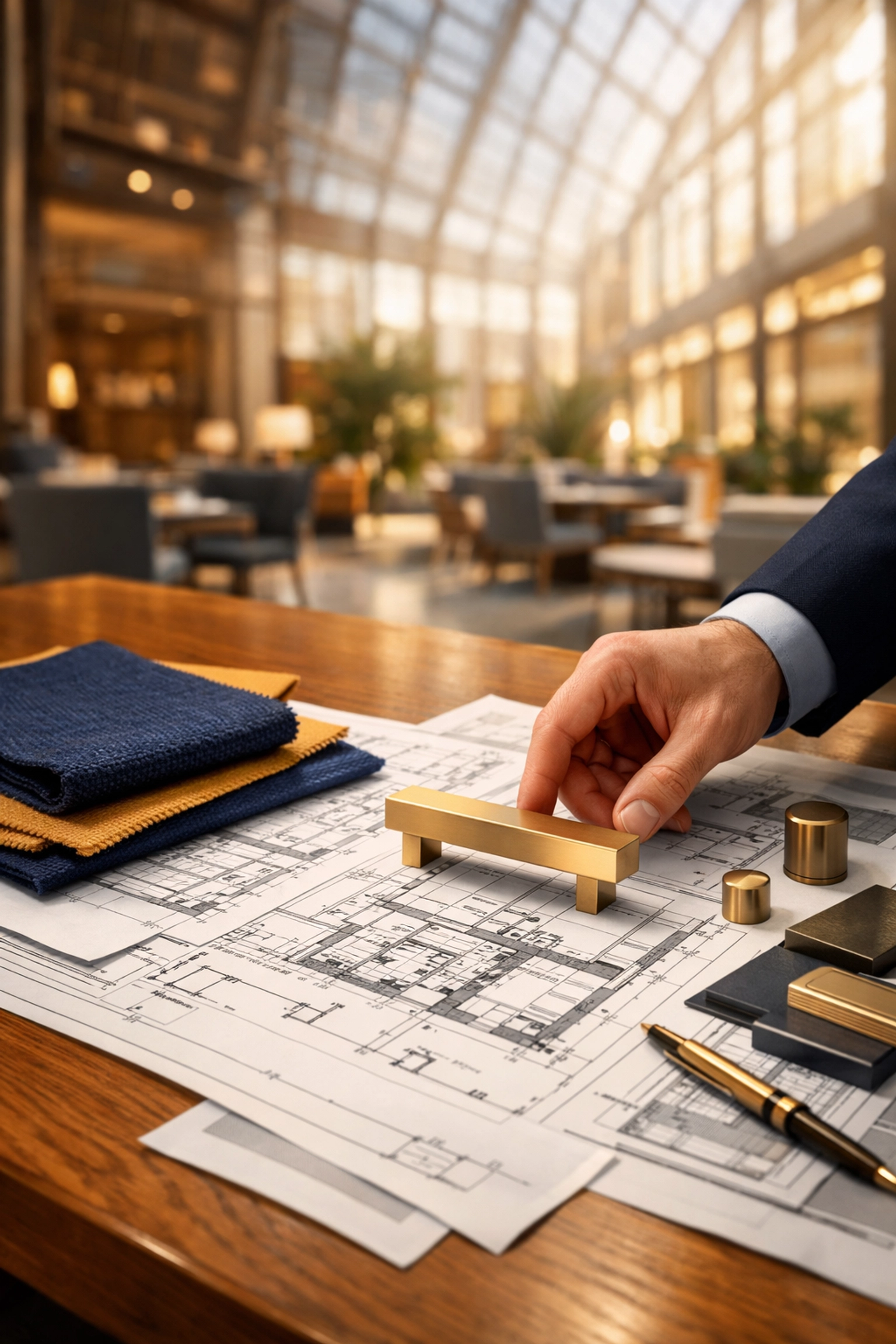 Hotel design development phase showing blueprints and fabric swatches for hospitality FF&E procurement.
