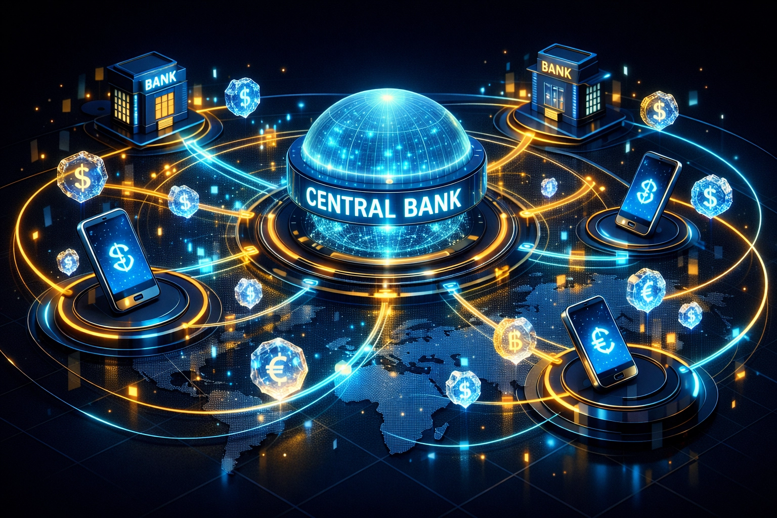 Global CBDC network architecture showing digital money flow between a central bank hub and consumer wallets.