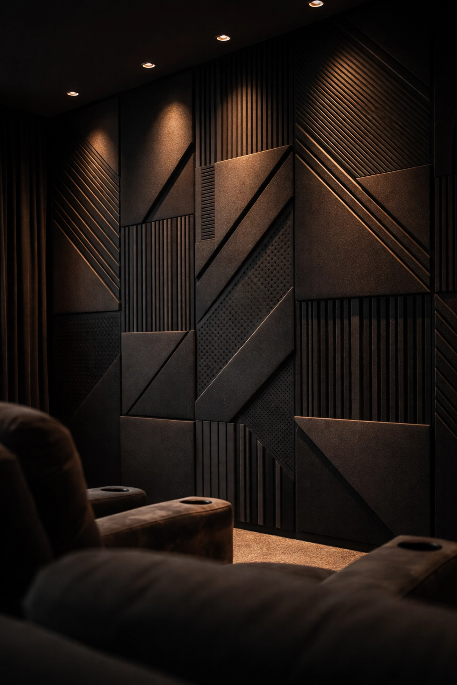 Stylish acoustic panels installed on home theater wall for improved sound quality