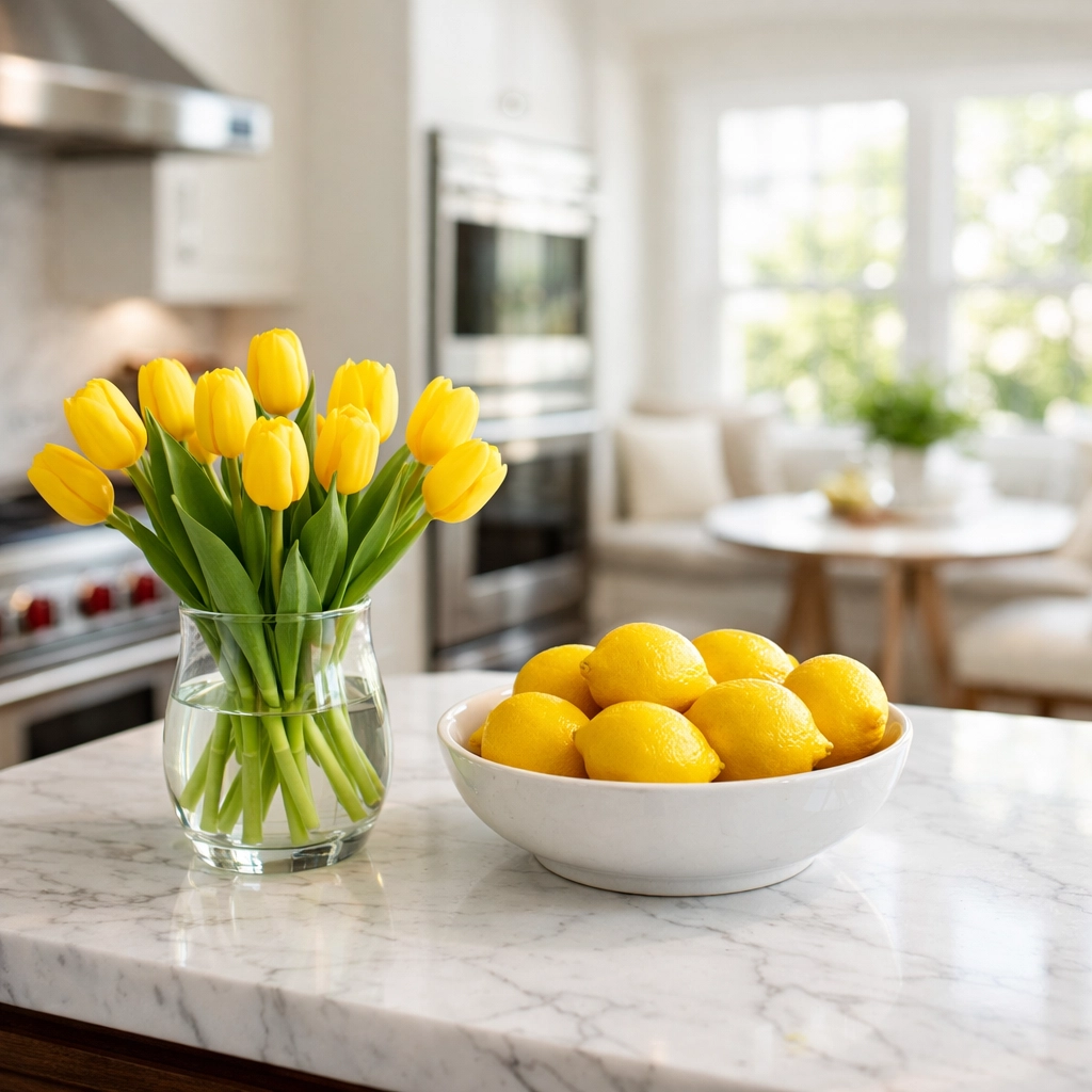 Eco-friendly house cleaning in a luxury Needham kitchen featuring a marble island and fresh scent.