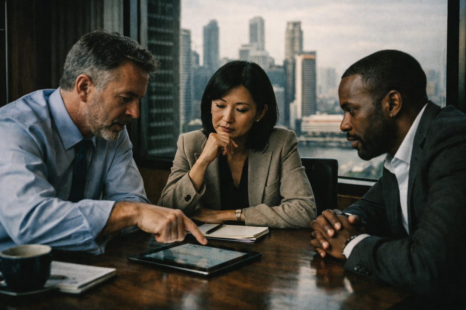 Corporate strategists holding a high-level board meeting in a wood-paneled Singapore office overlooking the city.