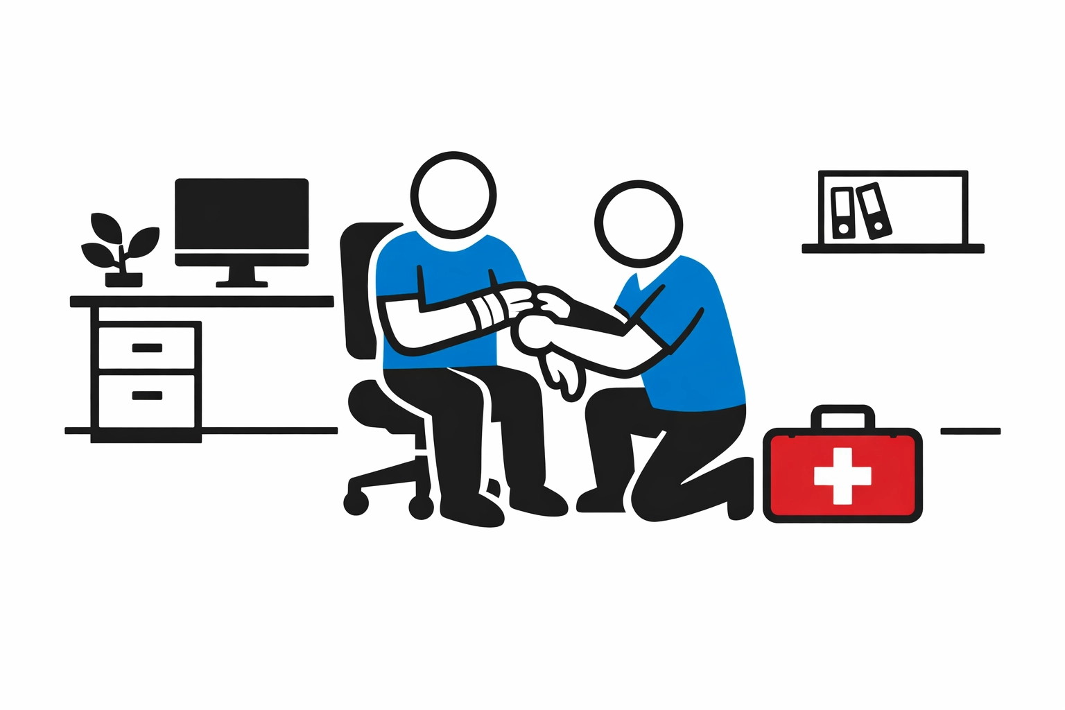 First aider providing emergency assistance to colleague in office workplace