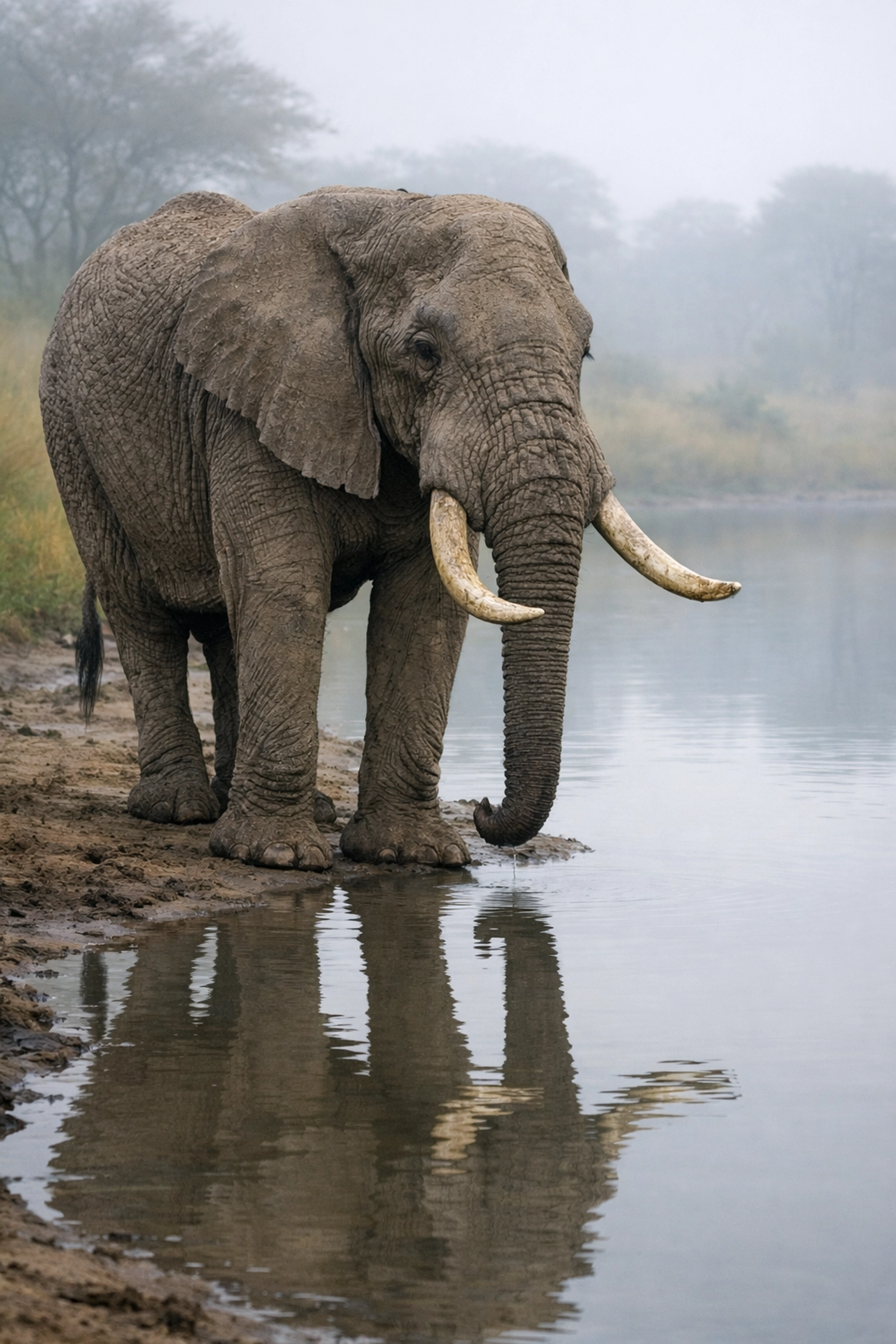 African elephant standing near a watering hole, highlighting wisdom and stability for corporate and ESG campaigns.
