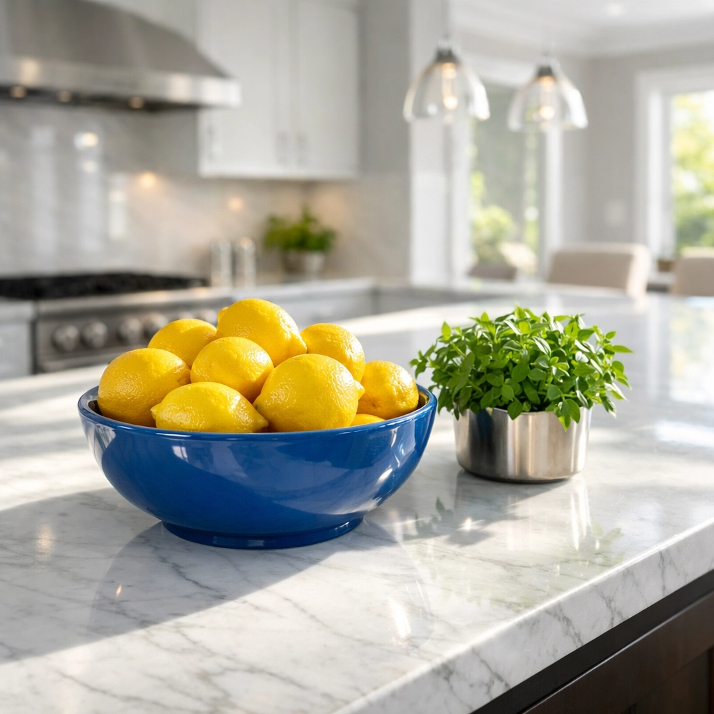 Pristine marble kitchen island in a Wellesley home, reflecting clean air quality after a weekly cleaning.